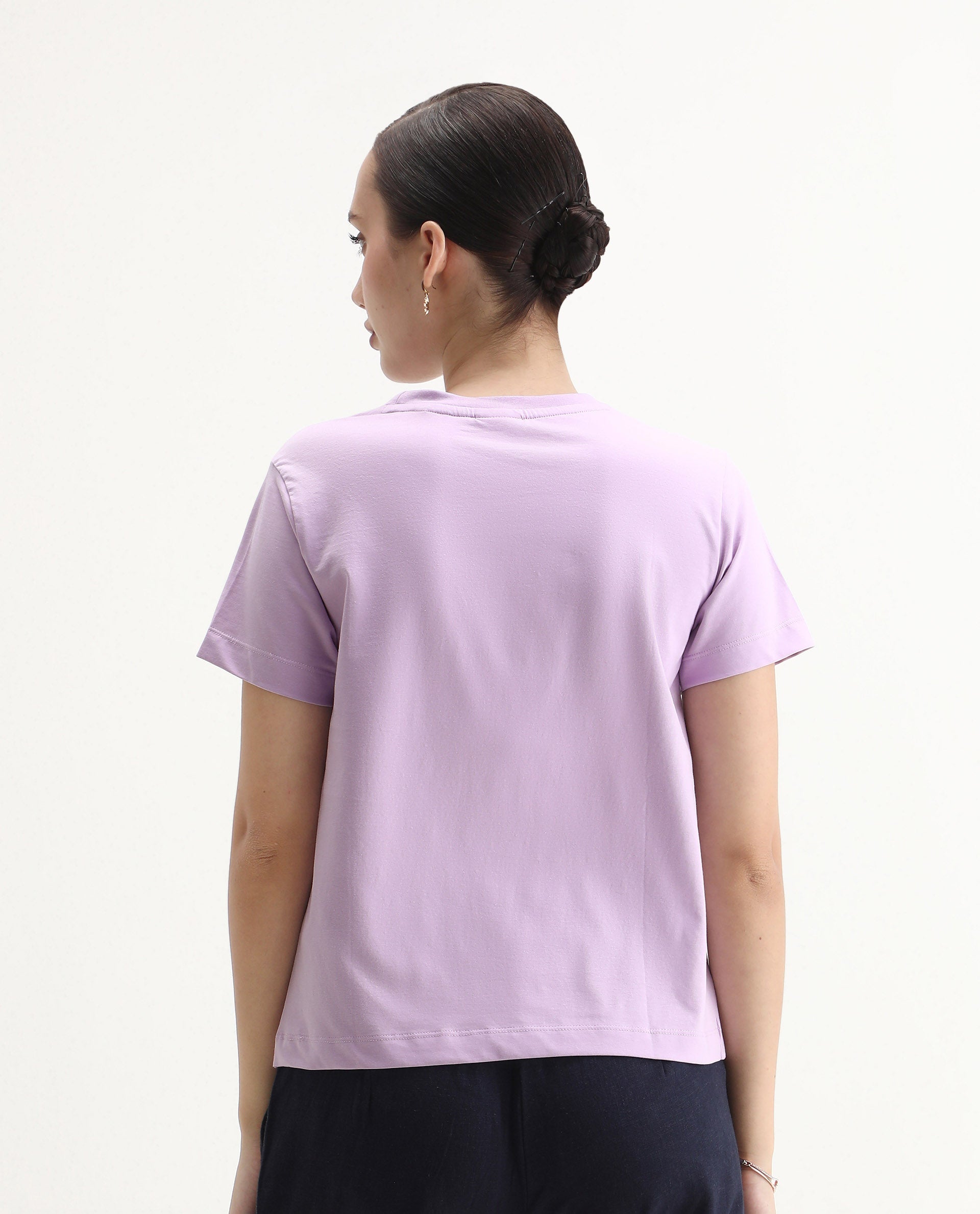 Rareism Women's Prife Light Purple Polyester Blend Crew Neck Graphic Print Regular Fit T-Shirt