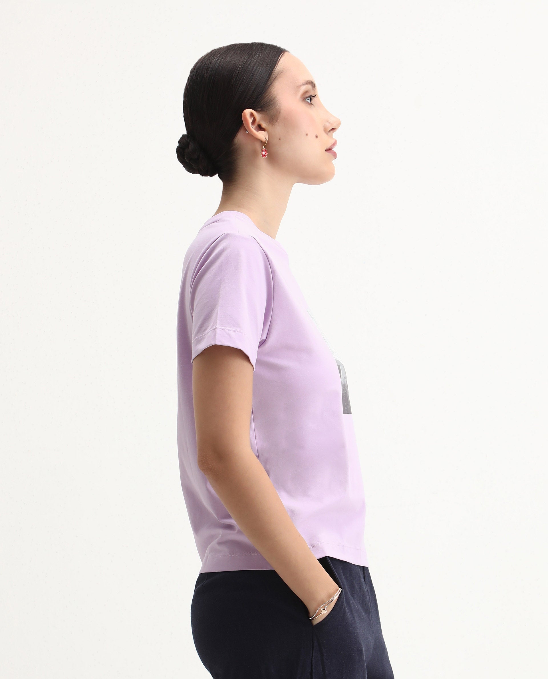 Rareism Women's Prife Light Purple Cotton Blend Crew Neck Graphic Print Regular Fit T-Shirt