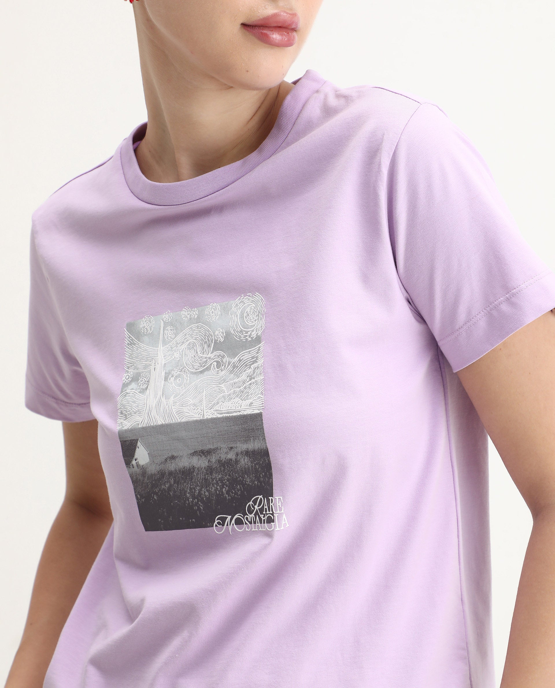 Rareism Women's Prife Light Purple Polyester Blend Crew Neck Graphic Print Regular Fit T-Shirt