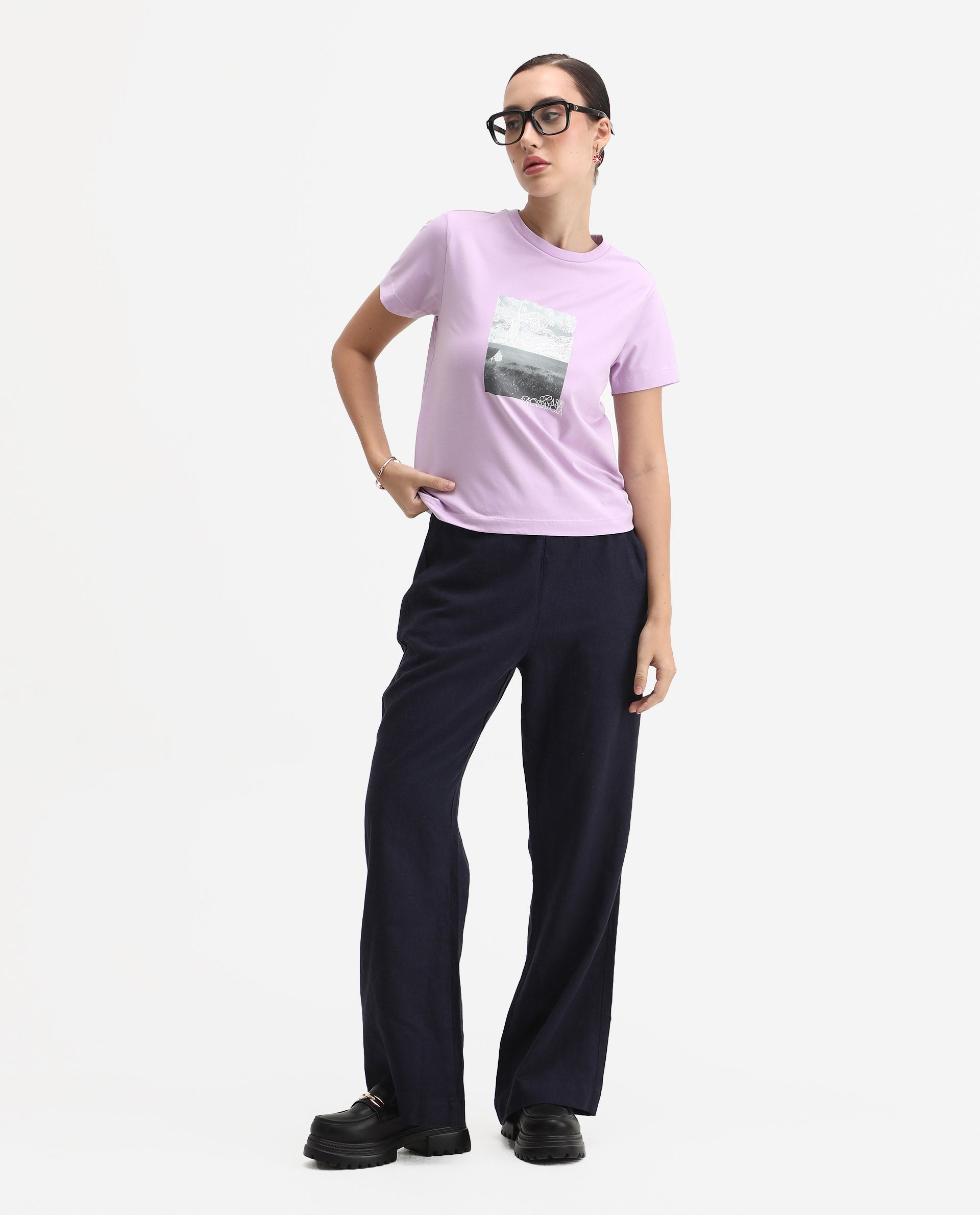Rareism Women's Prife Light Purple Cotton Blend Crew Neck Graphic Print Regular Fit T-Shirt