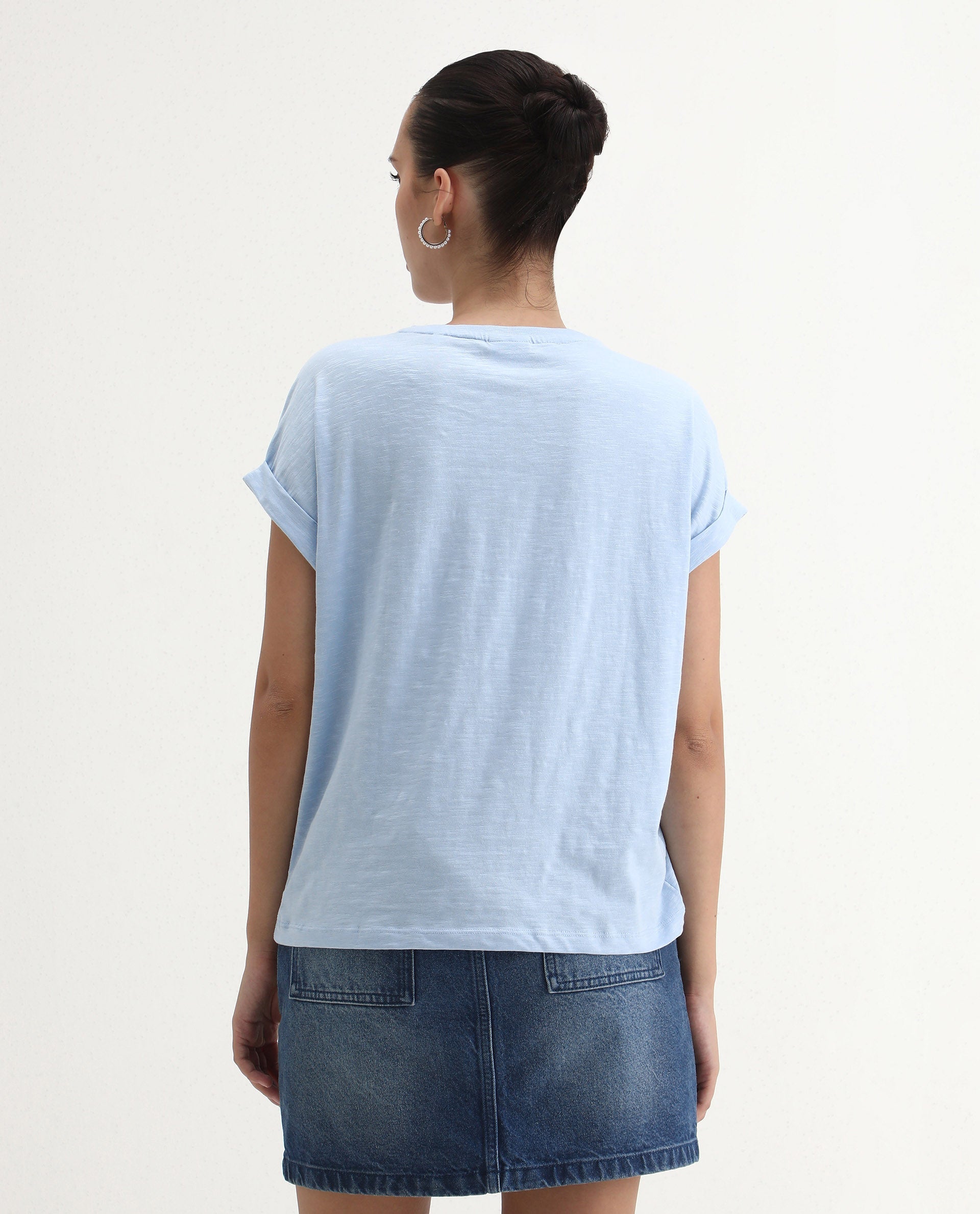 Rareism Women's Prisk Light Blue Cotton Crew Neck Plain Extended Sleeves Regular Fit T-Shirt