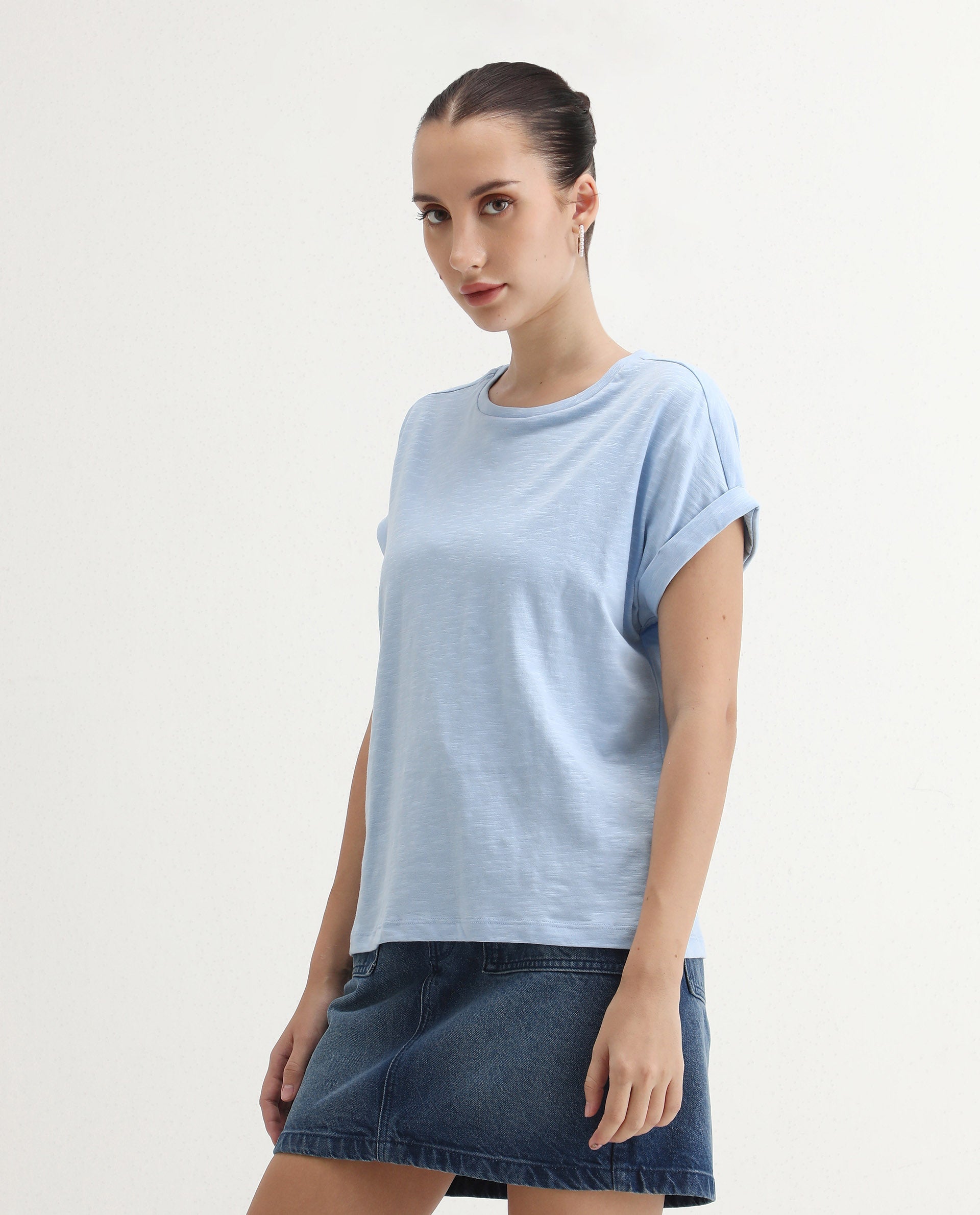 Rareism Women's Prisk Light Blue Cotton Crew Neck Plain Extended Sleeves Regular Fit T-Shirt