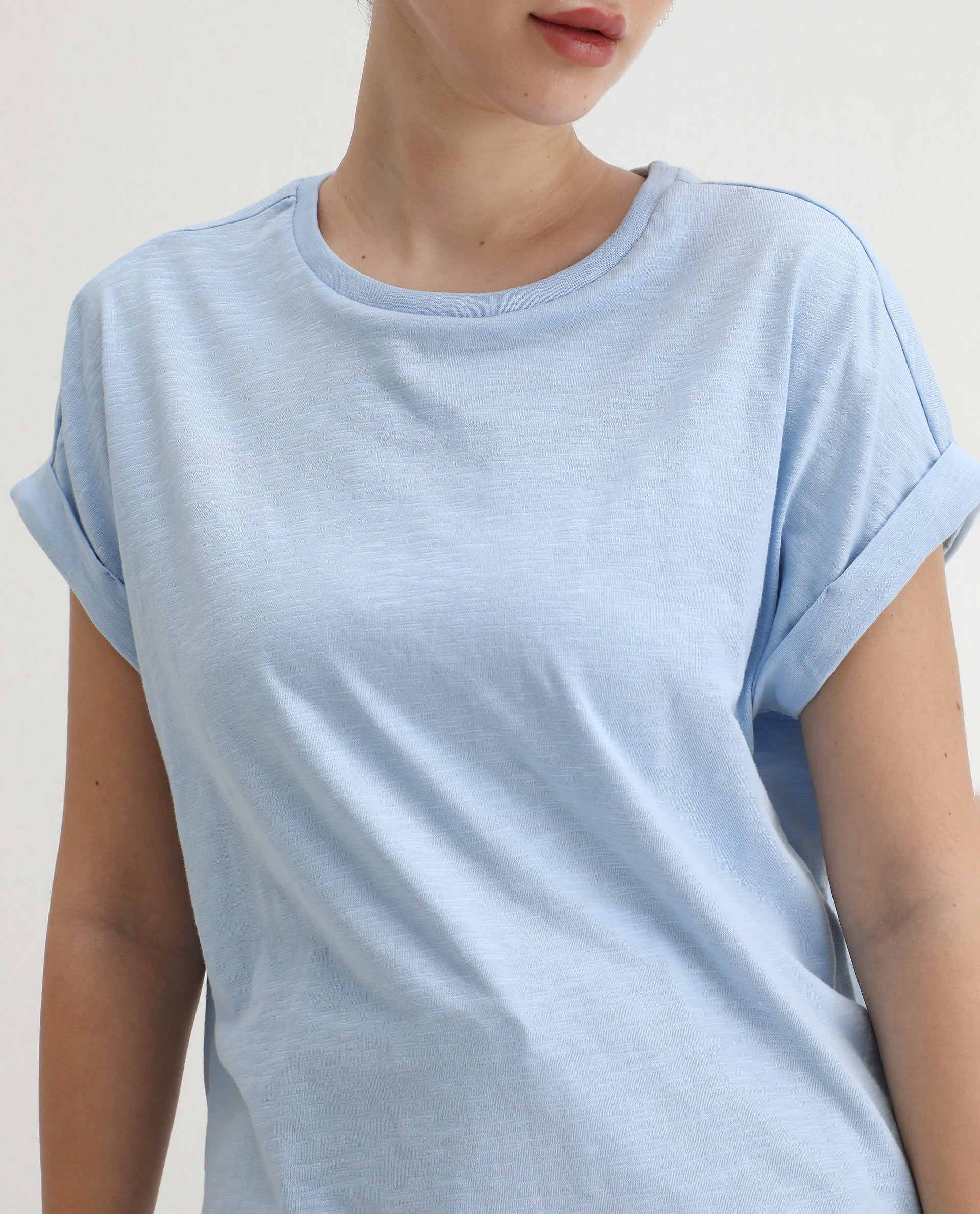 Rareism Women's Prisk Light Blue Cotton Crew Neck Plain Extended Sleeves Regular Fit T-Shirt