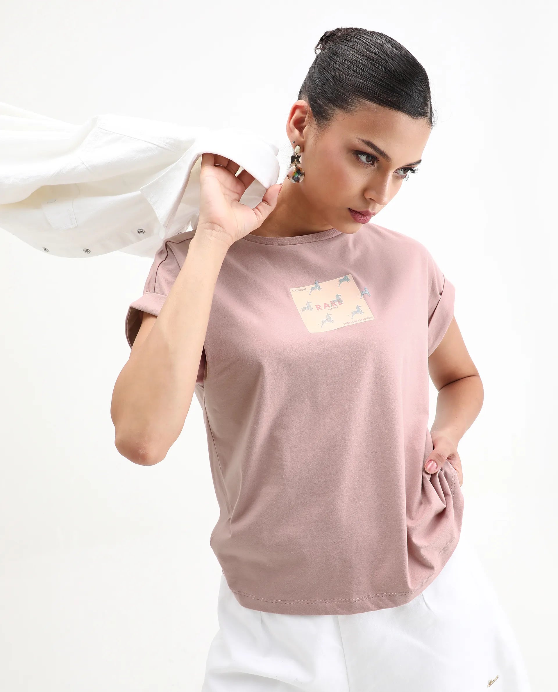 Rareism Women's Rabe Light Pink Cotton Blend Crew Neck Relaxed Fit T-Shirt