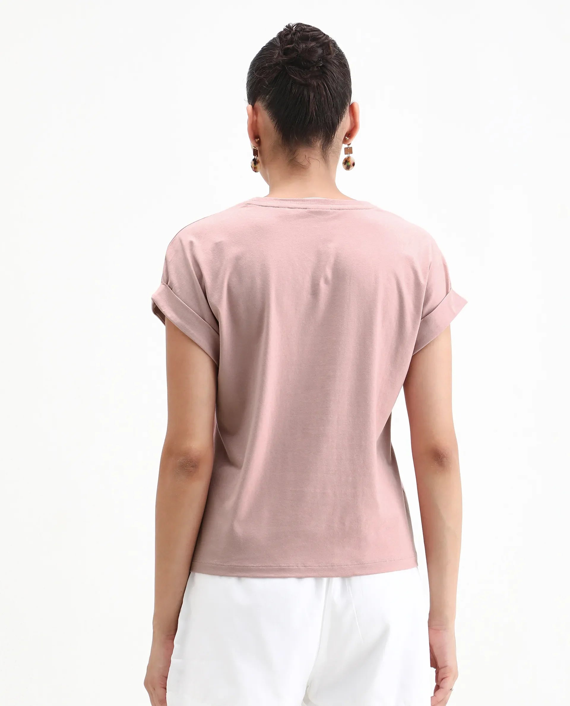 Rareism Women's Rabe Light Pink Cotton Blend Crew Neck Relaxed Fit T-Shirt