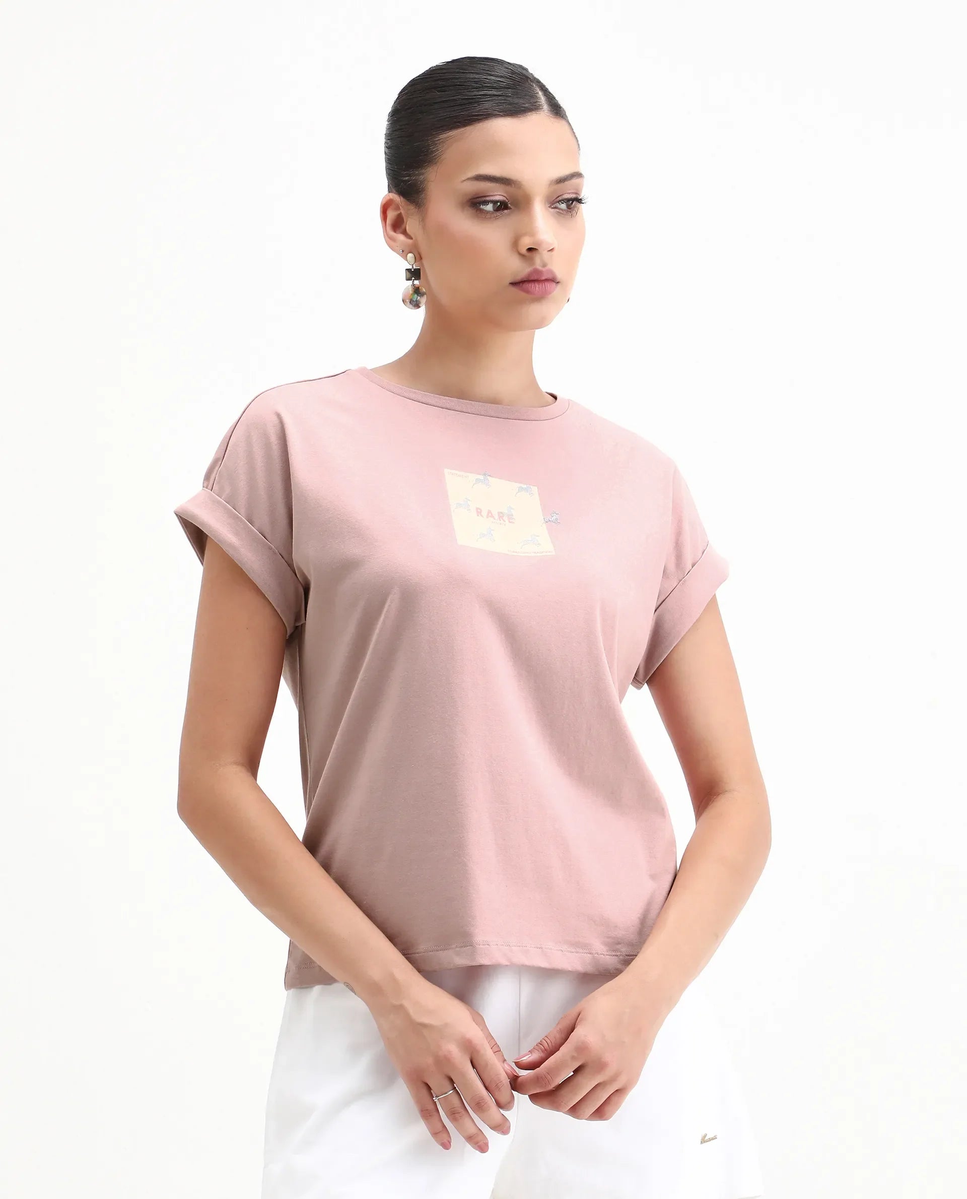 Rareism Women's Rabe Light Pink Cotton Blend Crew Neck Relaxed Fit T-Shirt
