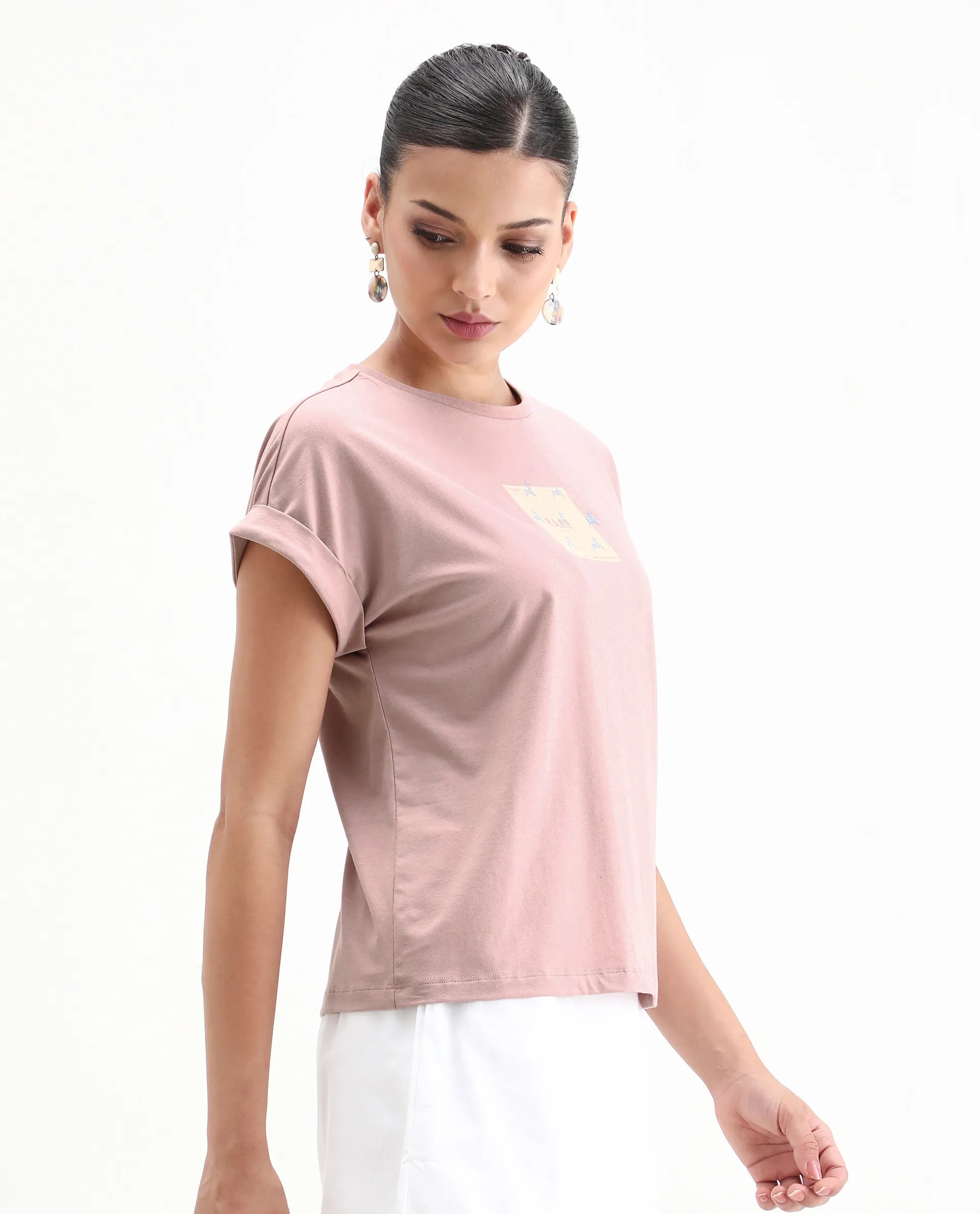 Rareism Women's Rabe Light Pink Cotton Blend Crew Neck Relaxed Fit T-Shirt