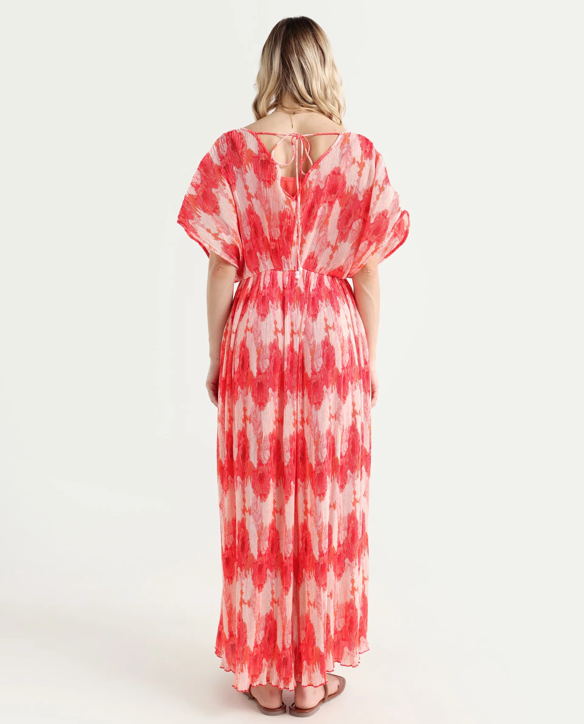 Rareism Women's Ravoli Red Polyester Overlap Neck Floral Print Extended Sleeves Maxi Relaxed Fit Dress