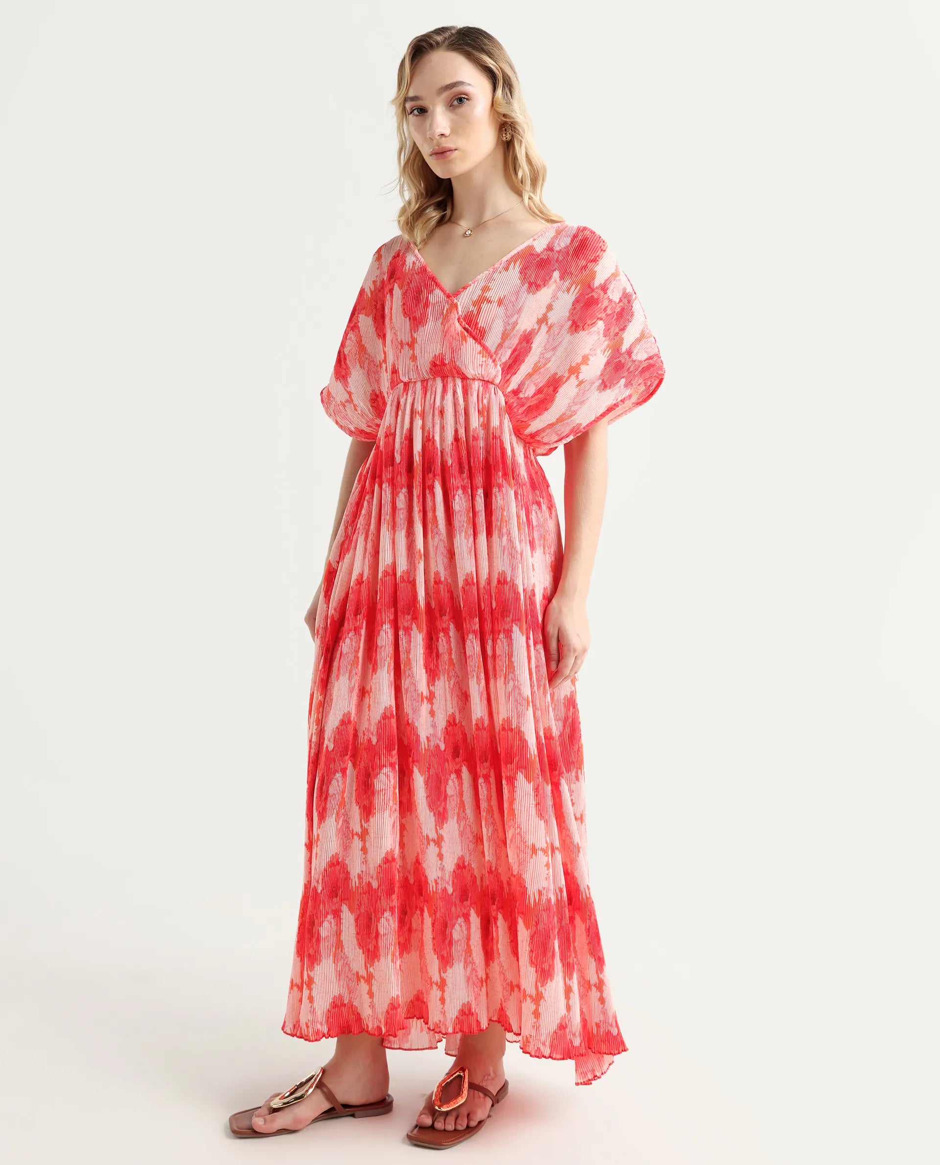 Rareism Women's Ravoli Red Polyester Overlap Neck Floral Print Extended Sleeves Maxi Relaxed Fit Dress