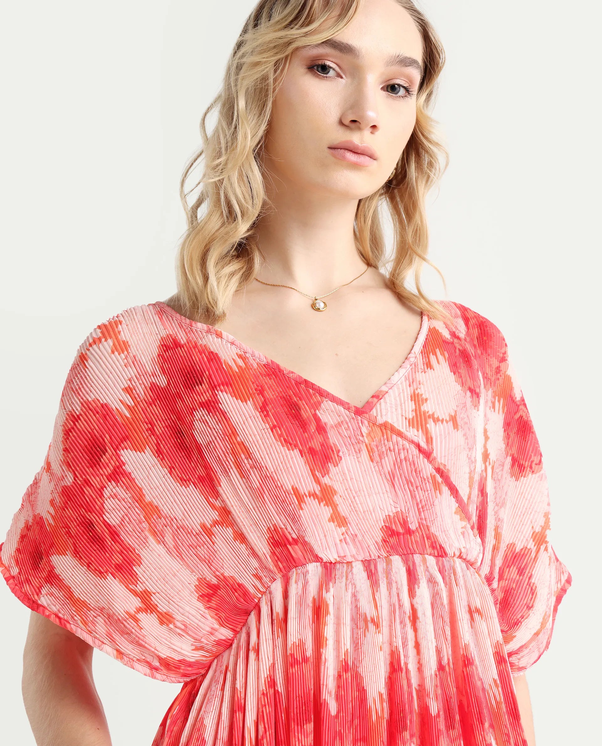 Rareism Women's Ravoli Red Polyester Overlap Neck Floral Print Extended Sleeves Maxi Relaxed Fit Dress