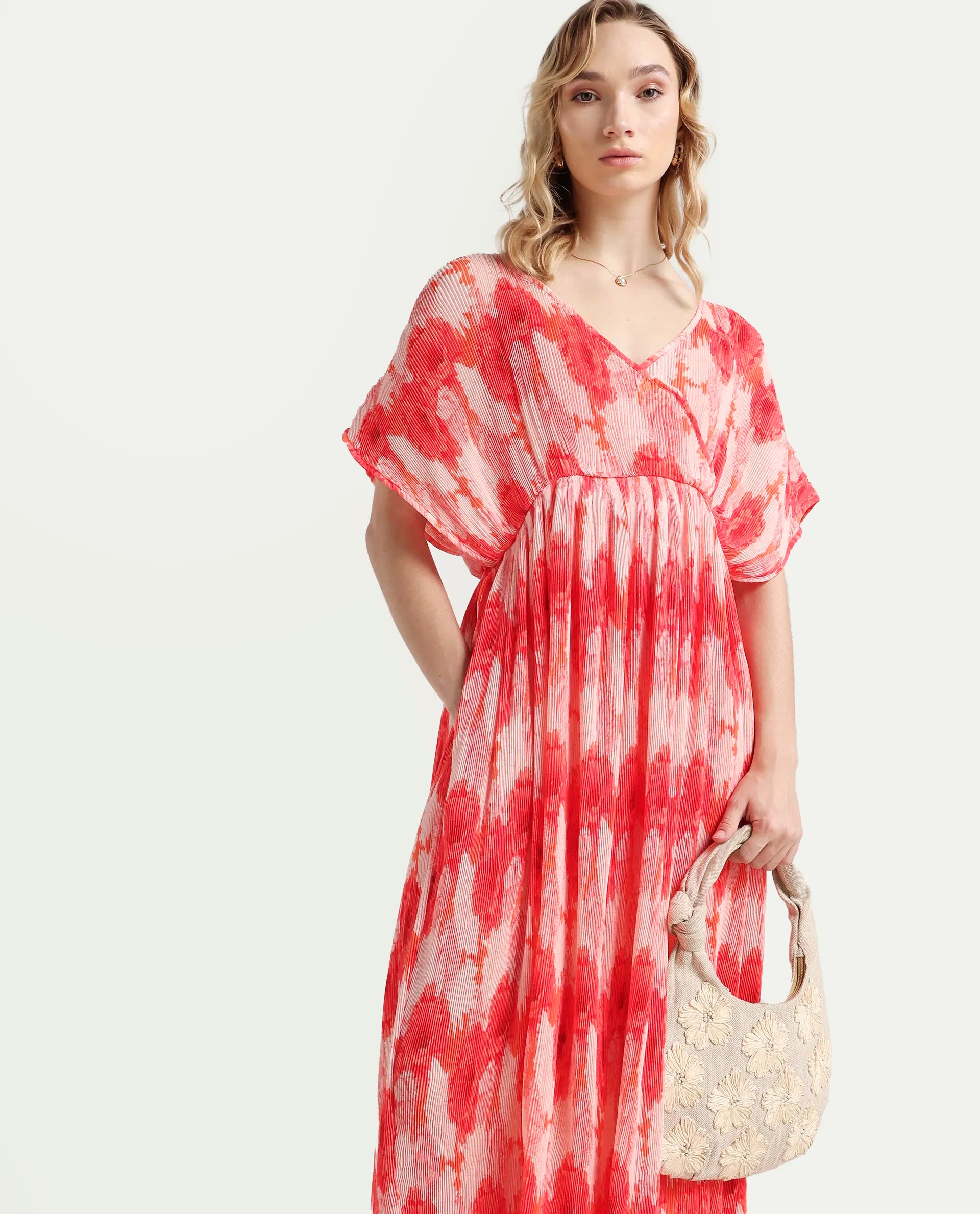 Rareism Women's Ravoli Red Polyester Overlap Neck Floral Print Extended Sleeves Maxi Relaxed Fit Dress