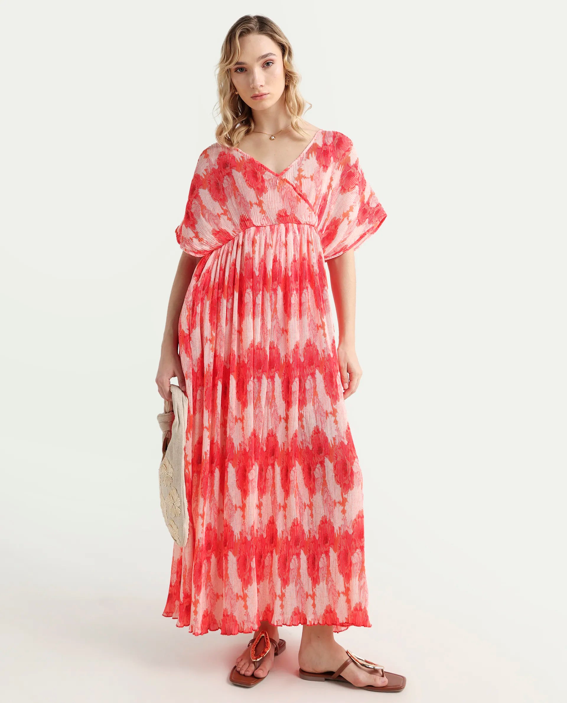 Rareism Women's Ravoli Red Polyester Overlap Neck Floral Print Extended Sleeves Maxi Relaxed Fit Dress