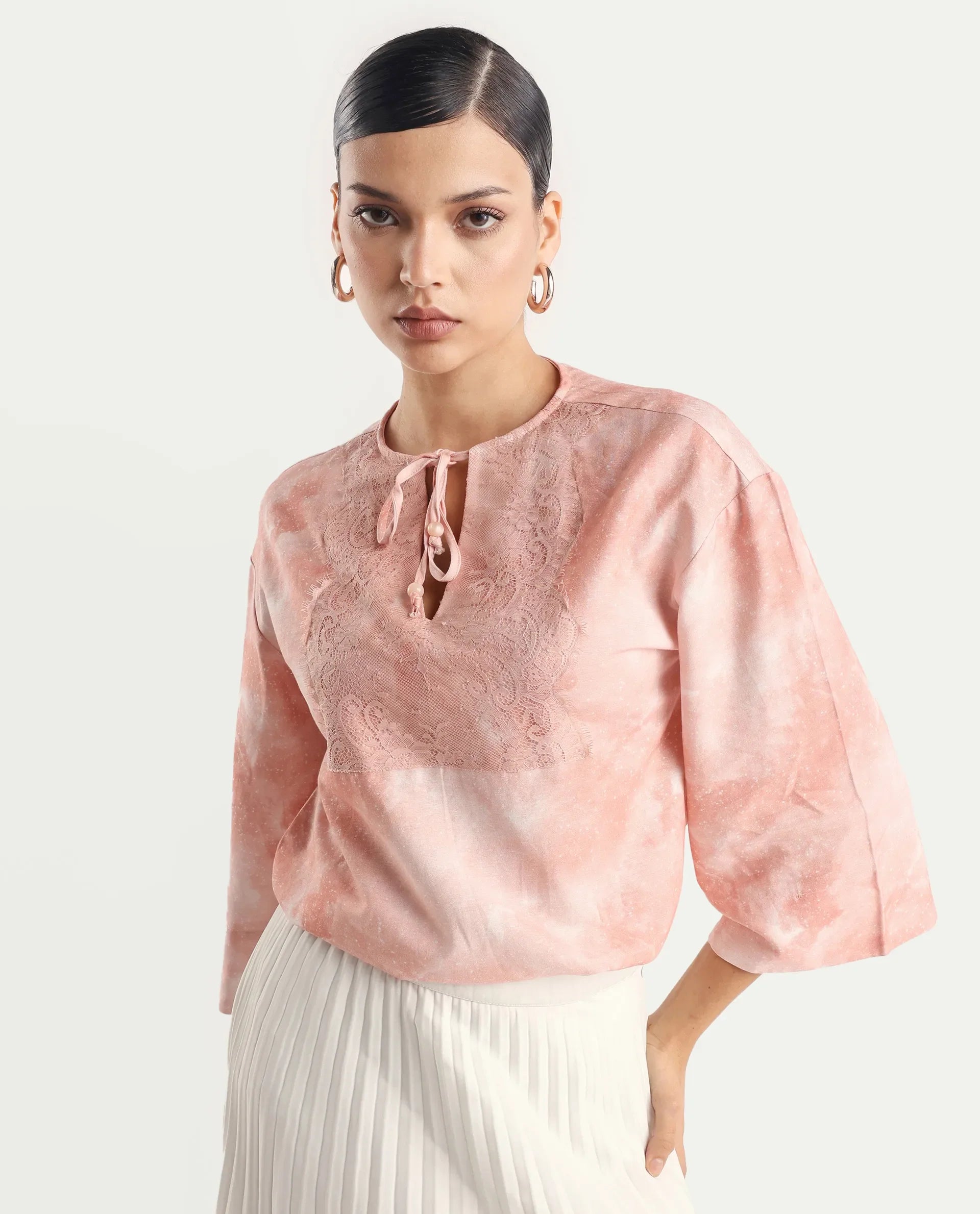 Rareism Women's Remis Dusky Pink Rayon Tie-Up Neck Abstract Print Bell Sleeve Regular Fit Top