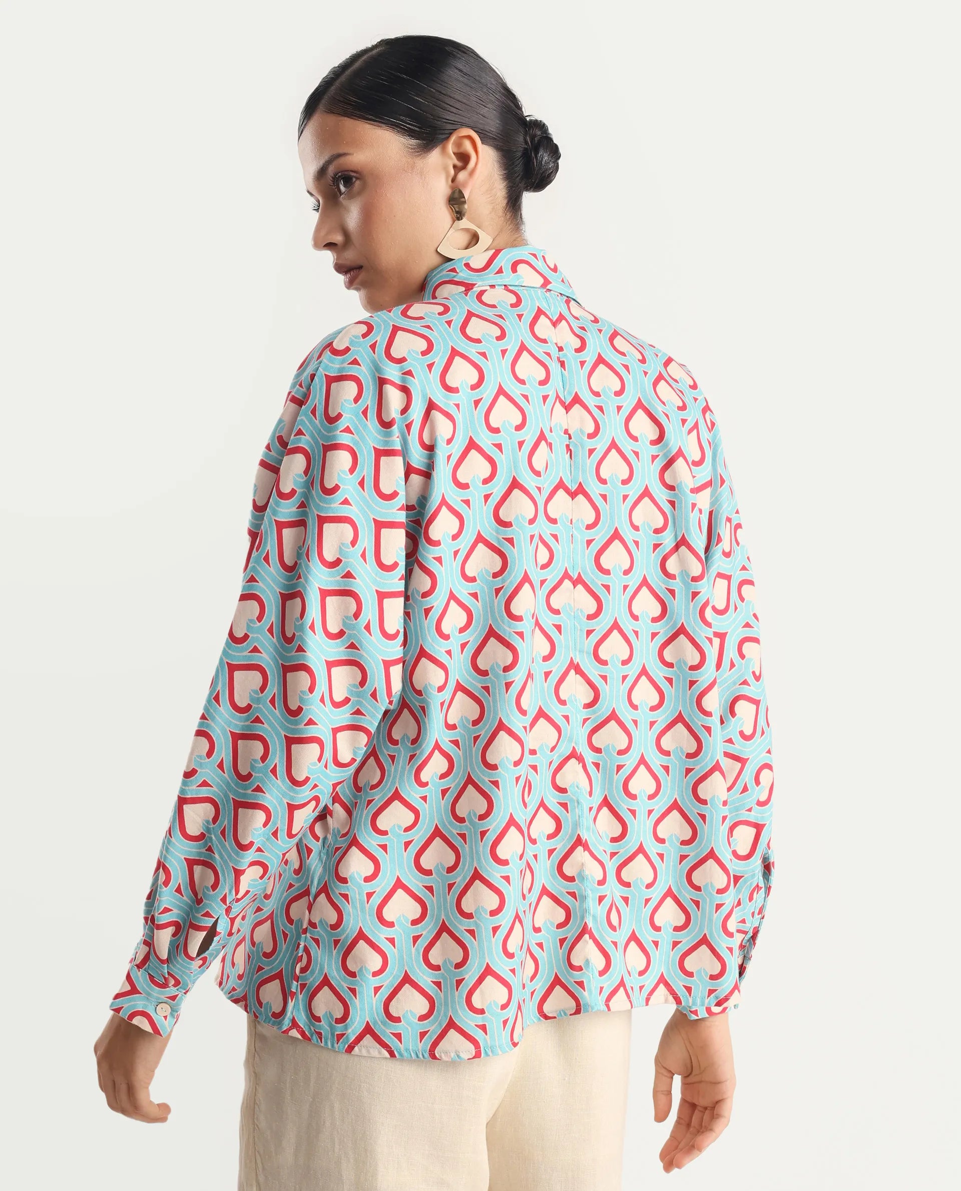 Rareism Women's Repece Multi Cotton Blend Drop Collar Geometric Print Boxy Fit Top