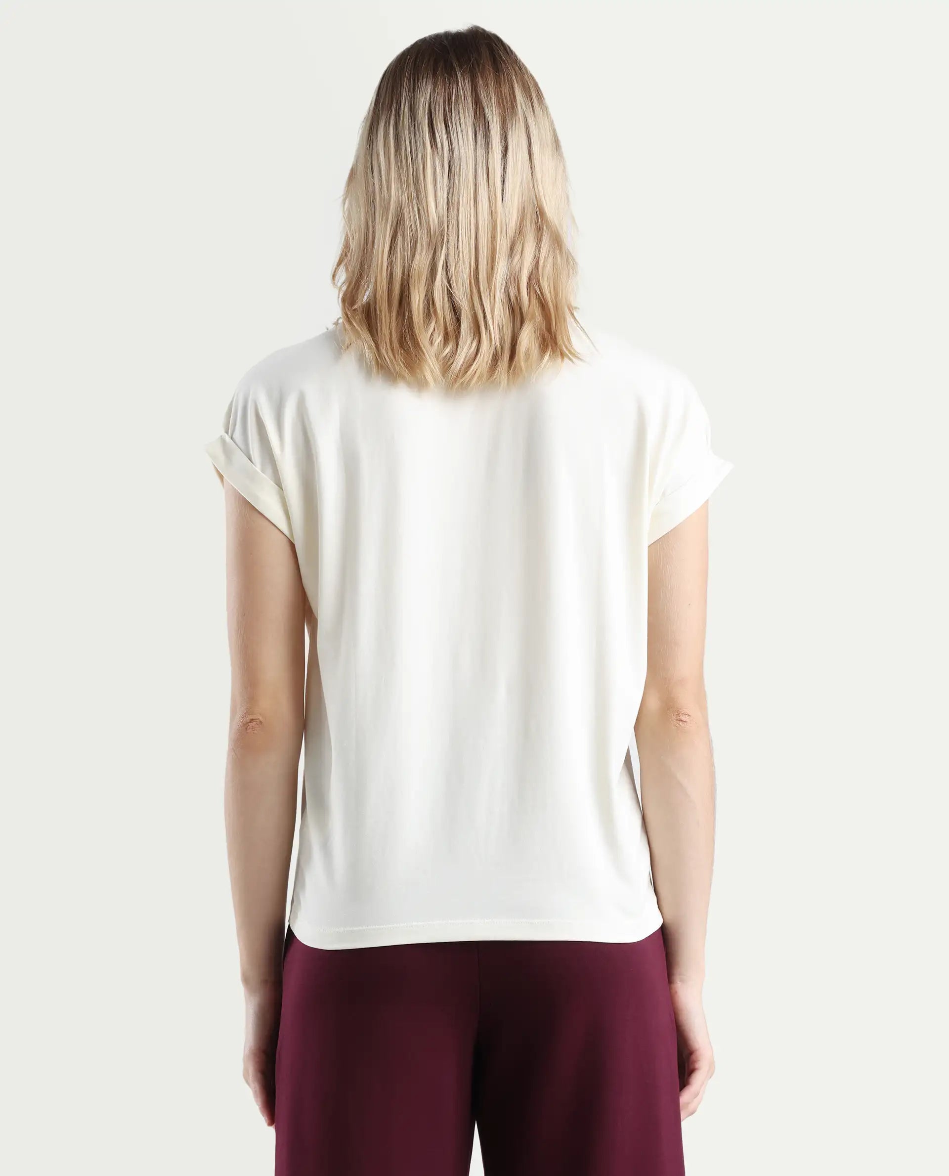 Rareism Women's Reve Off White Cotton Blend Crew Neck Relaxed Fit T-Shirt