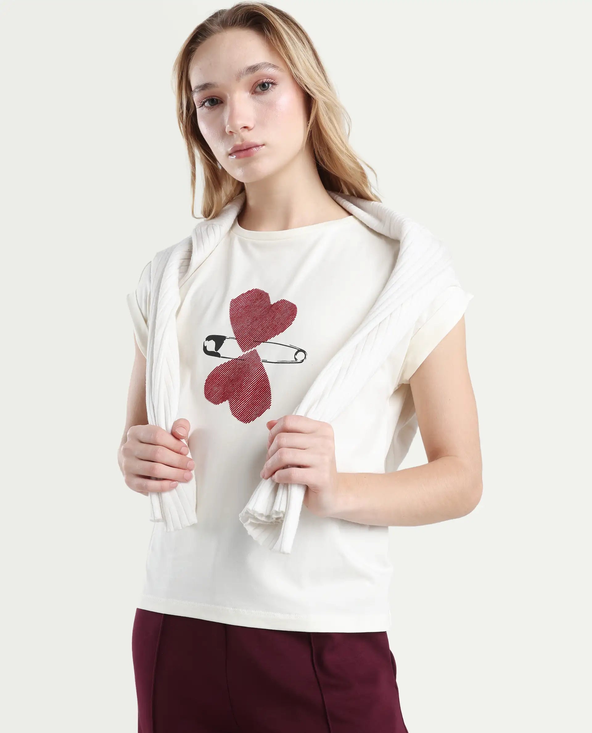 Rareism Women's Reve Off White Cotton Blend Crew Neck Relaxed Fit T-Shirt