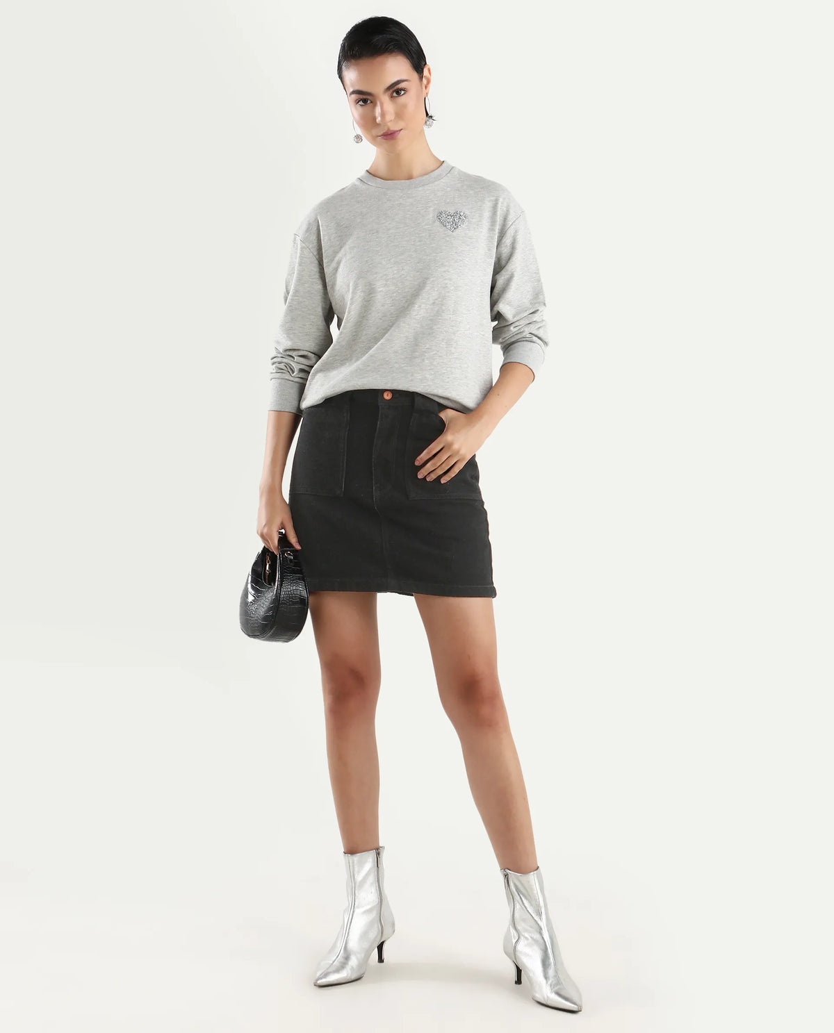 Rareism Women's Rhink Melange Cotton Blend Hooded Plain Relaxed Fit Sweatshirt