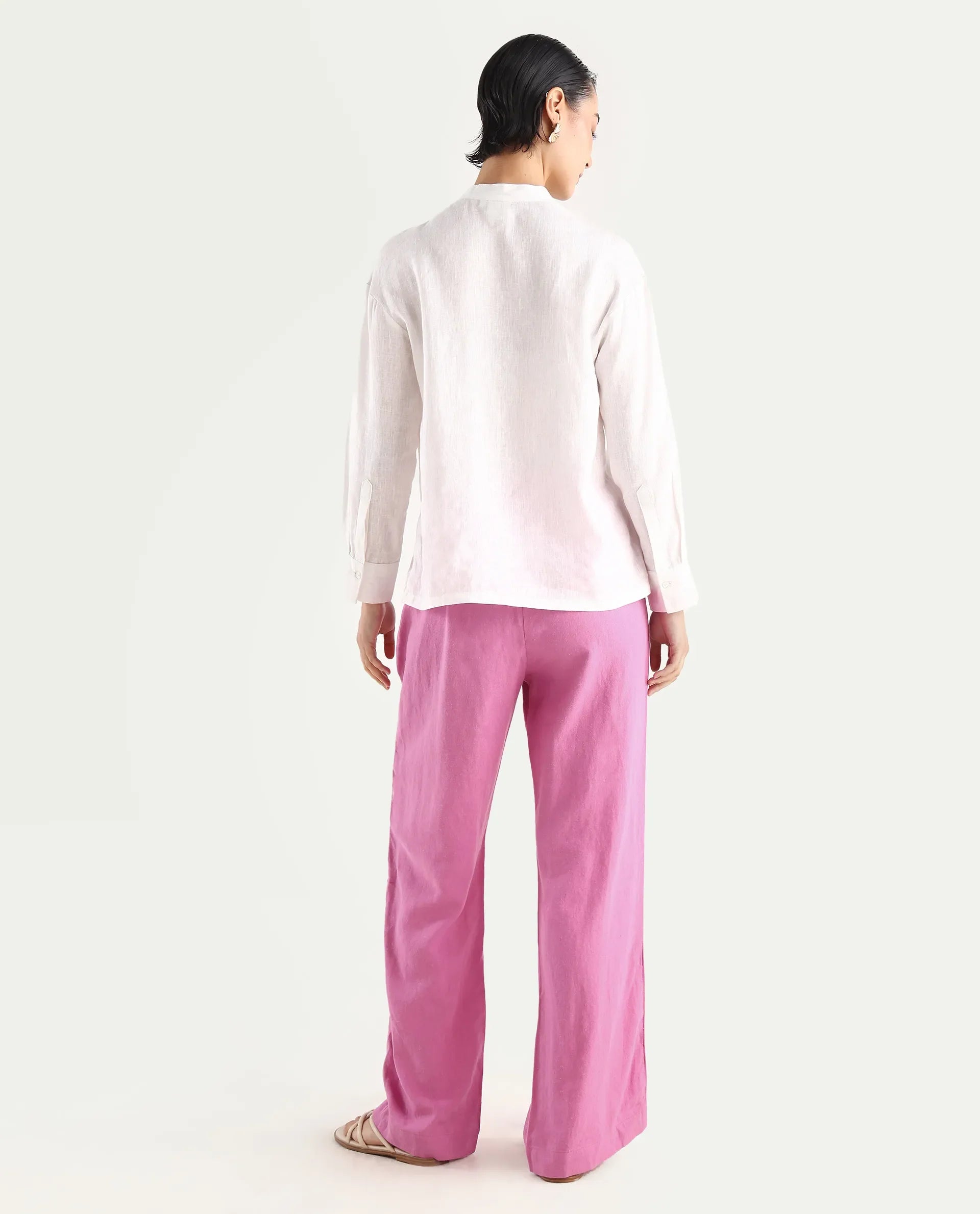 Rareism Women's Rica Pastel Pink Cotton Linen Plain Ankle Length Regular Fit Trouser