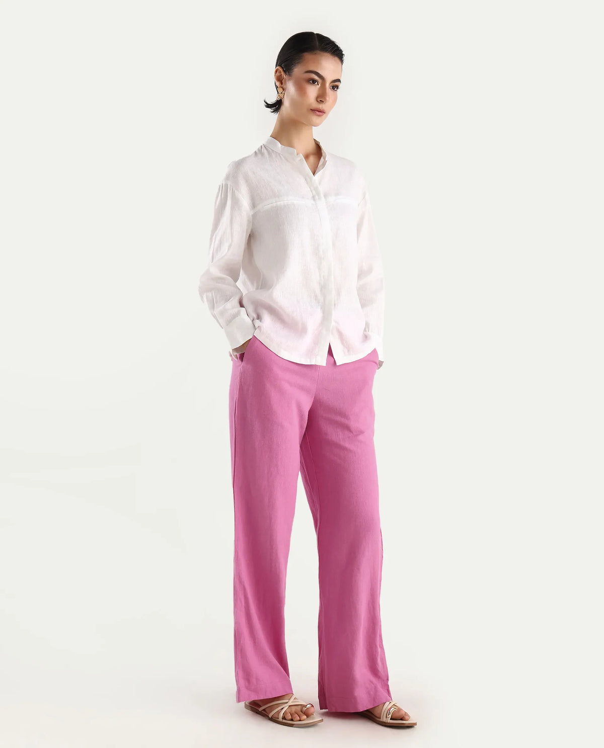 Rareism Women's Rica Pastel Pink Cotton Linen Plain Ankle Length Regular Fit Trouser
