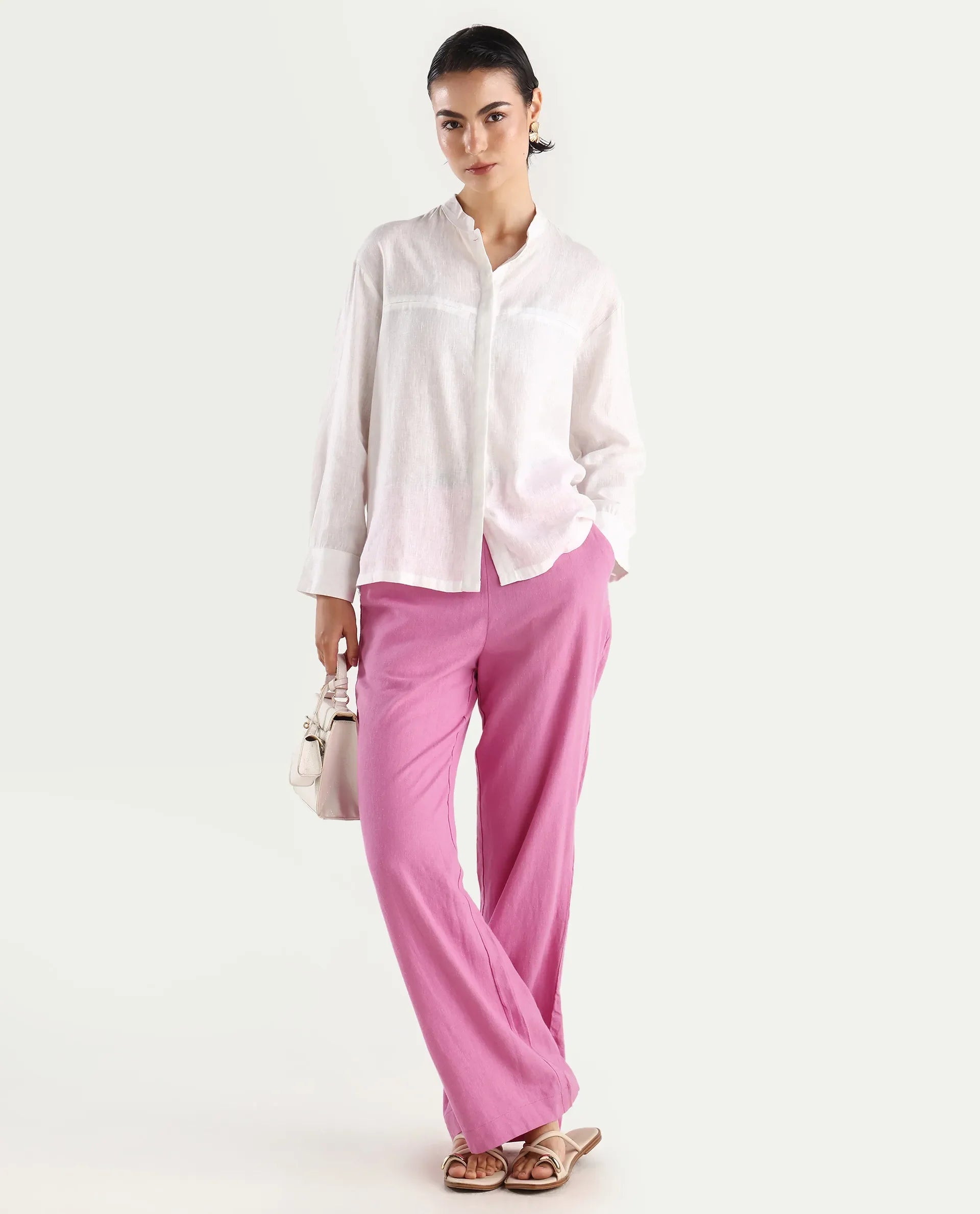 Rareism Women's Rica Pastel Pink Cotton Linen Plain Ankle Length Regular Fit Trouser