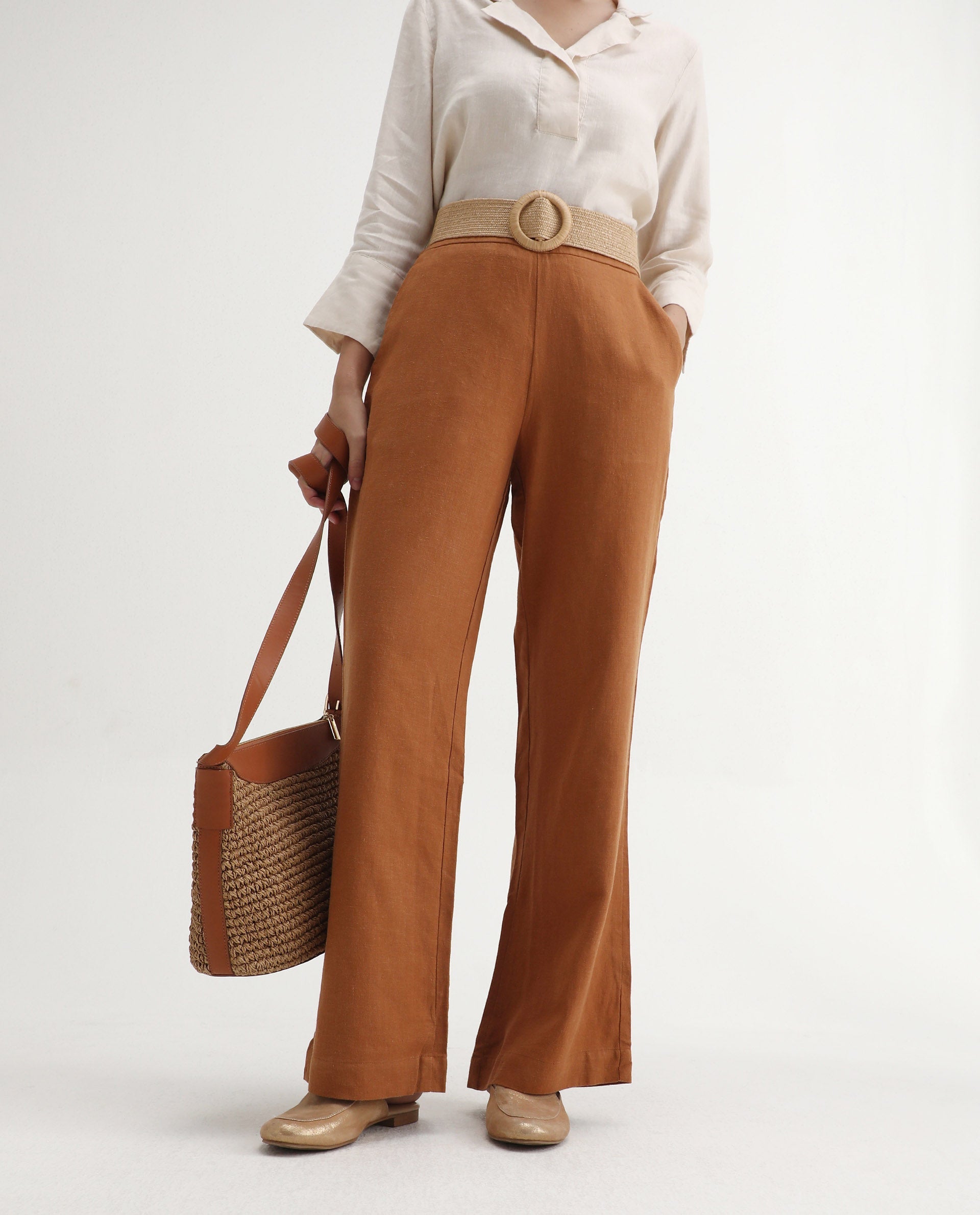 Rareism Women's Rica Pastel Orange Cotton Linen Plain Ankle Length Regular Fit Trouser