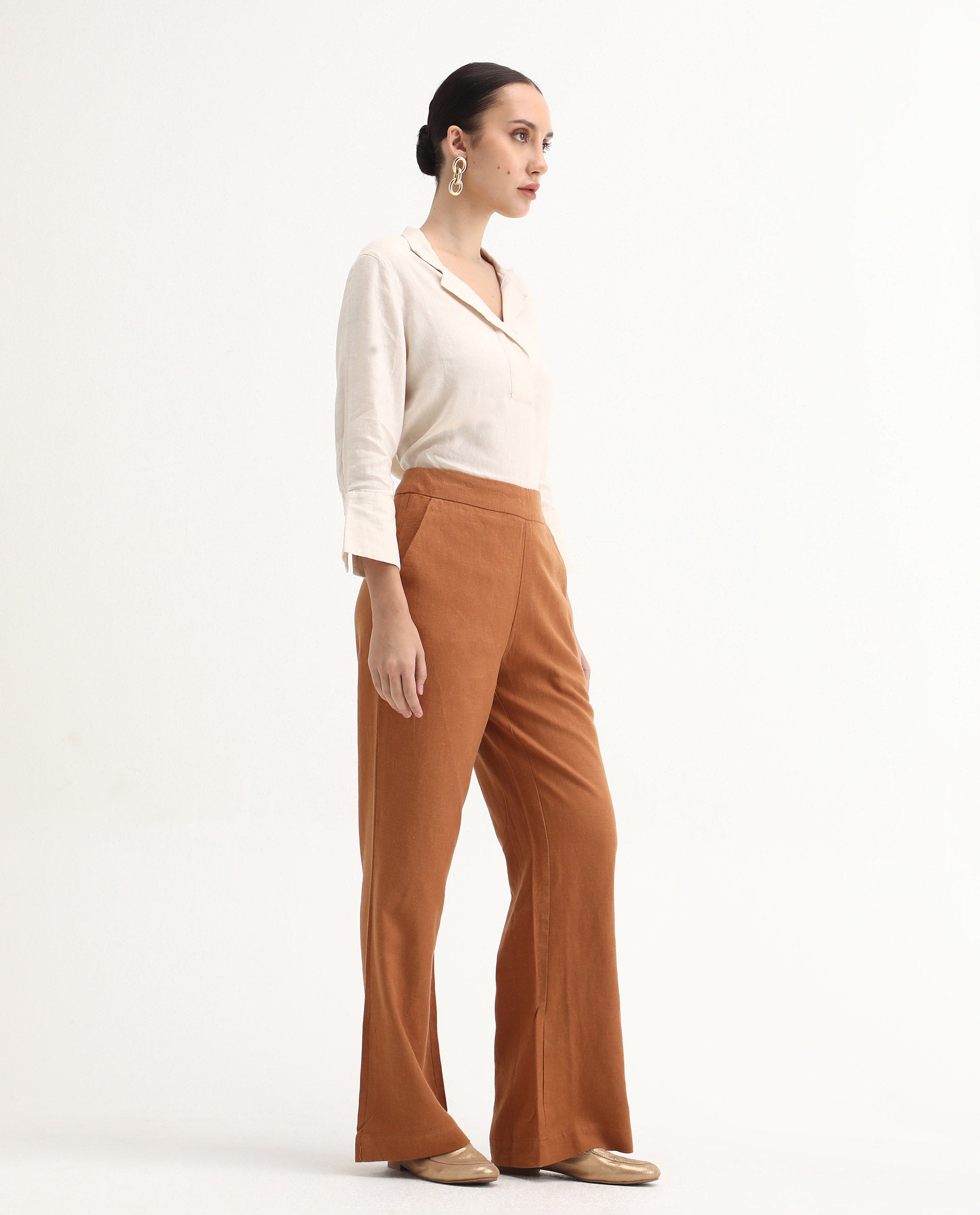 Rareism Women's Rica Pastel Orange Cotton Linen Plain Ankle Length Regular Fit Trouser