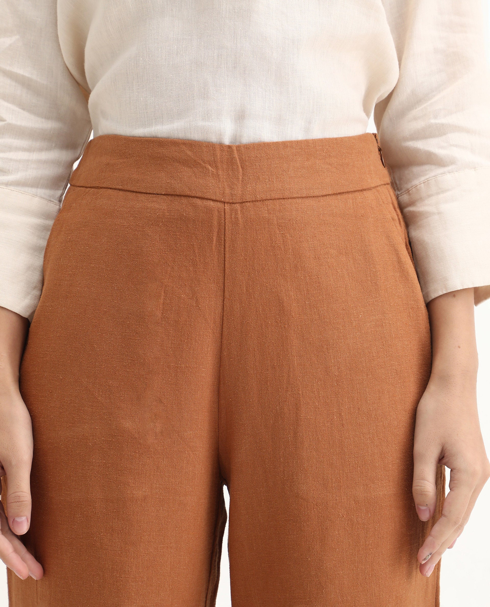 Rareism Women's Rica Pastel Orange Cotton Linen Plain Ankle Length Regular Fit Trouser