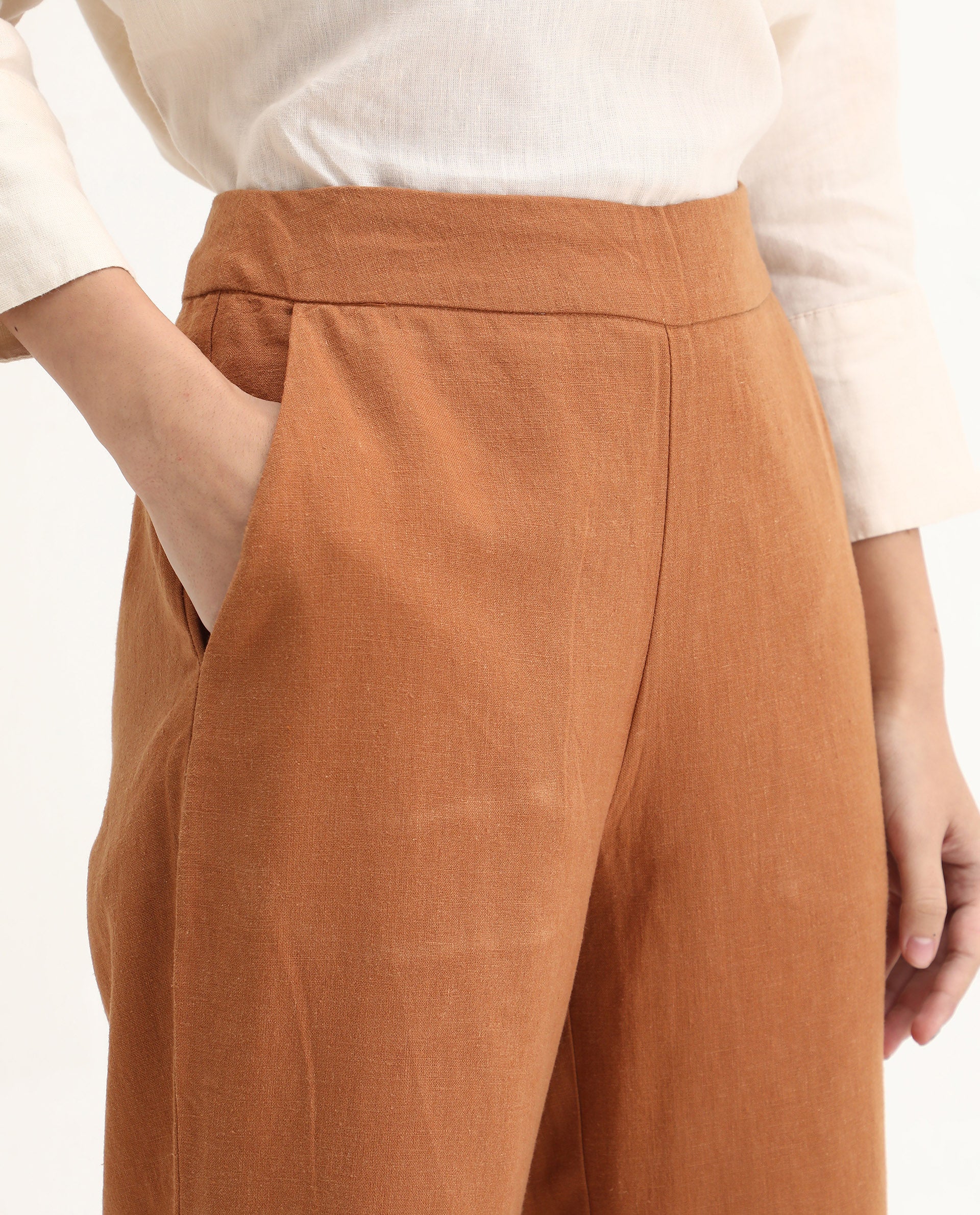 Rareism Women's Rica Pastel Orange Cotton Linen Plain Ankle Length Regular Fit Trouser