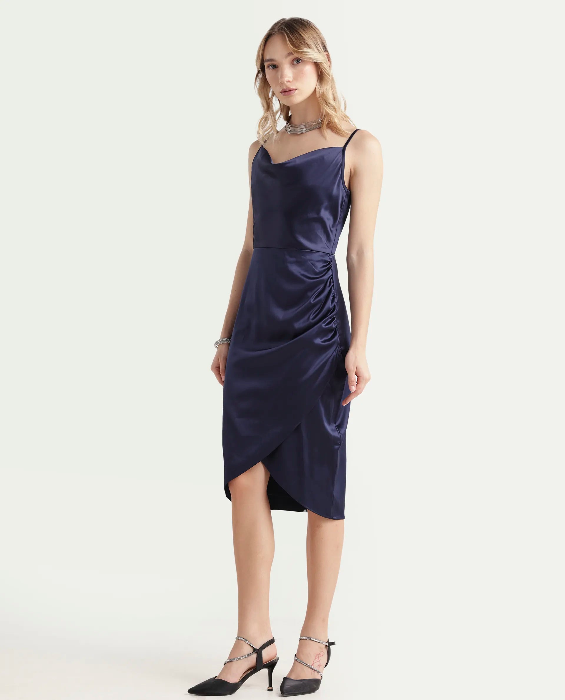 Rareism Women's Rilu Sheen Navy Polyester Blend Cowl Neck Plain Shoulder Strap Knee Length Regular Fit Dress