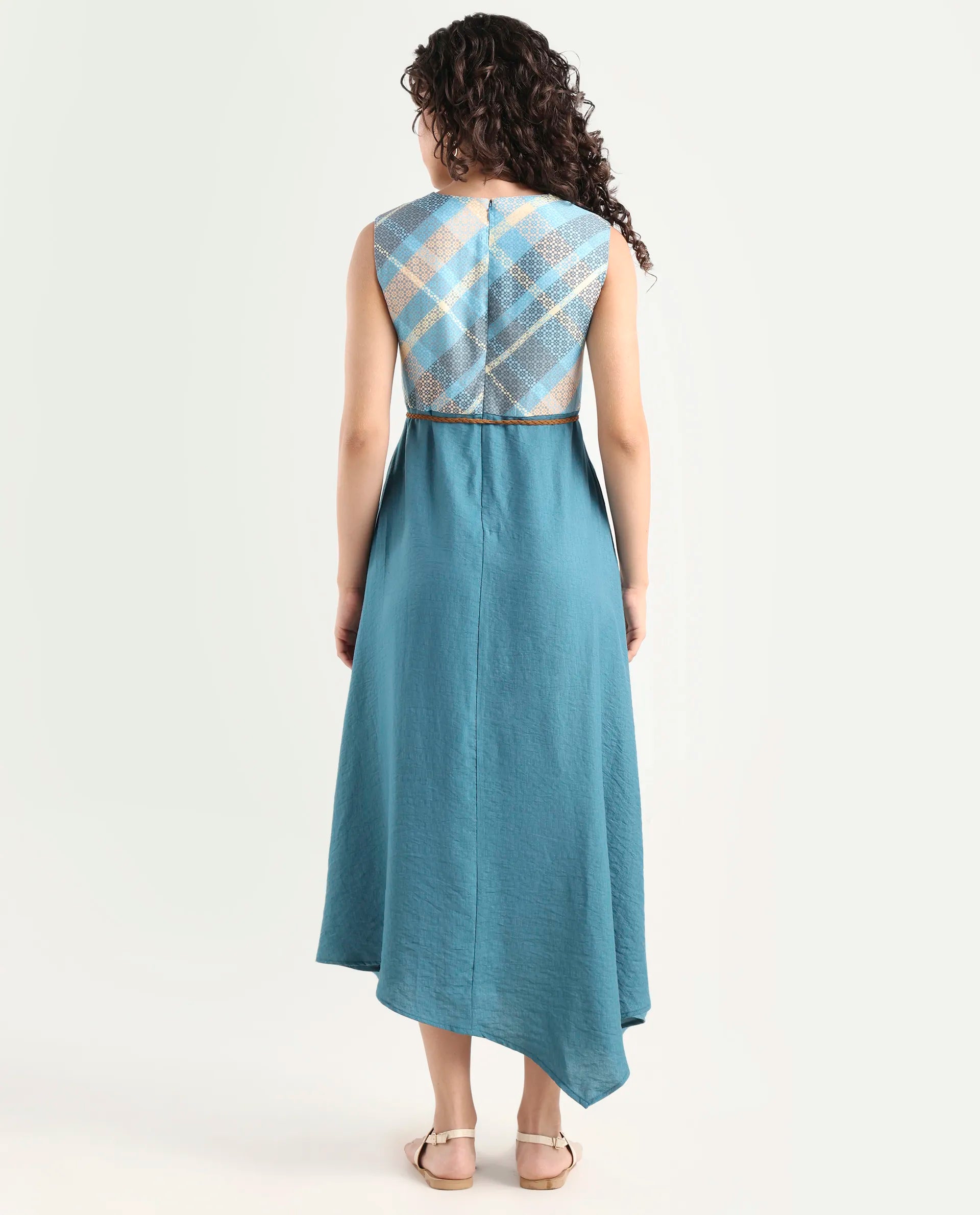 Rareism Women's Riskal Blue Cotton Round Neck Flannel Print Sleeveless Maxi Fit And Flare Dress