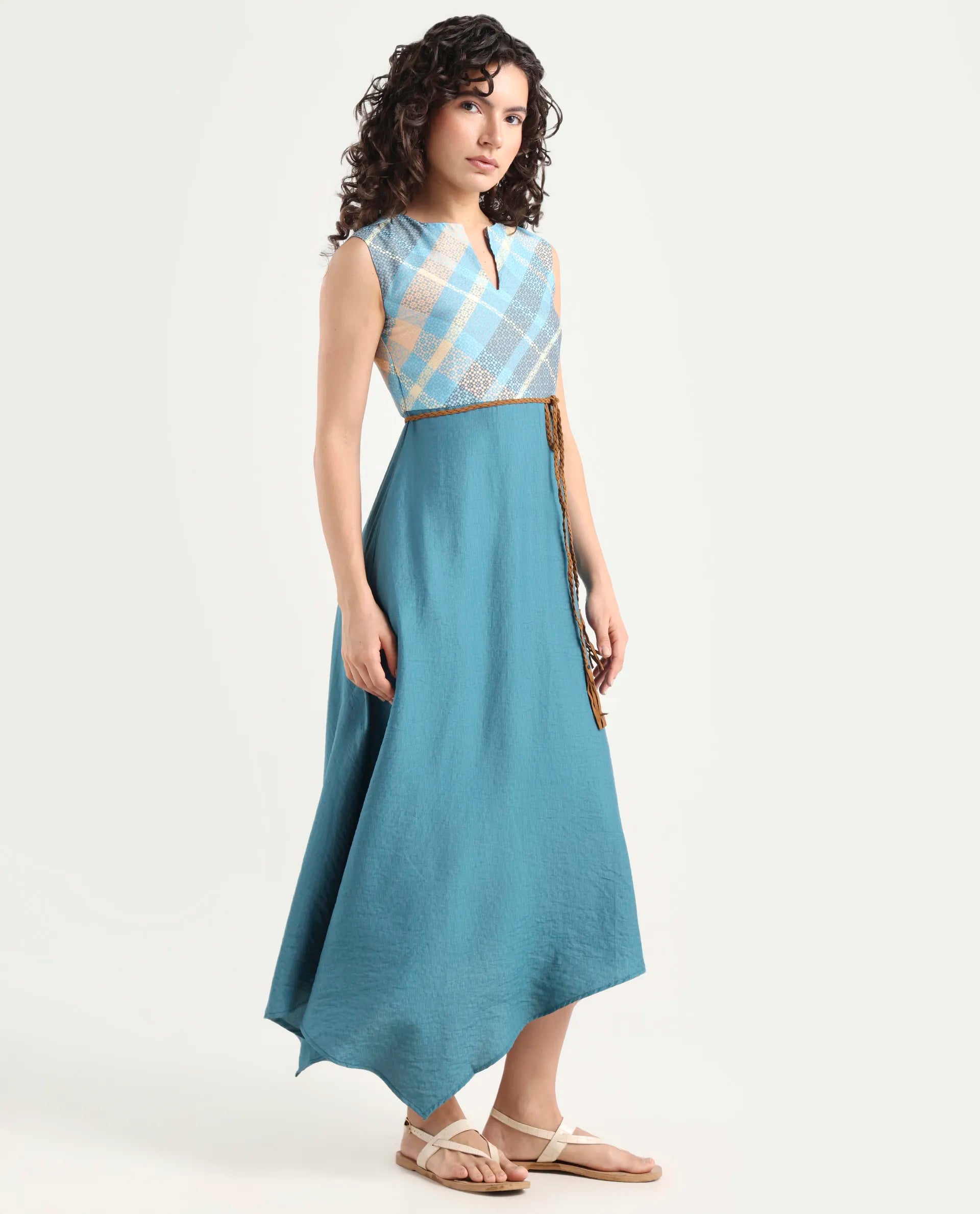 Rareism Women's Riskal Blue Cotton Round Neck Flannel Print Sleeveless Maxi Fit And Flare Dress