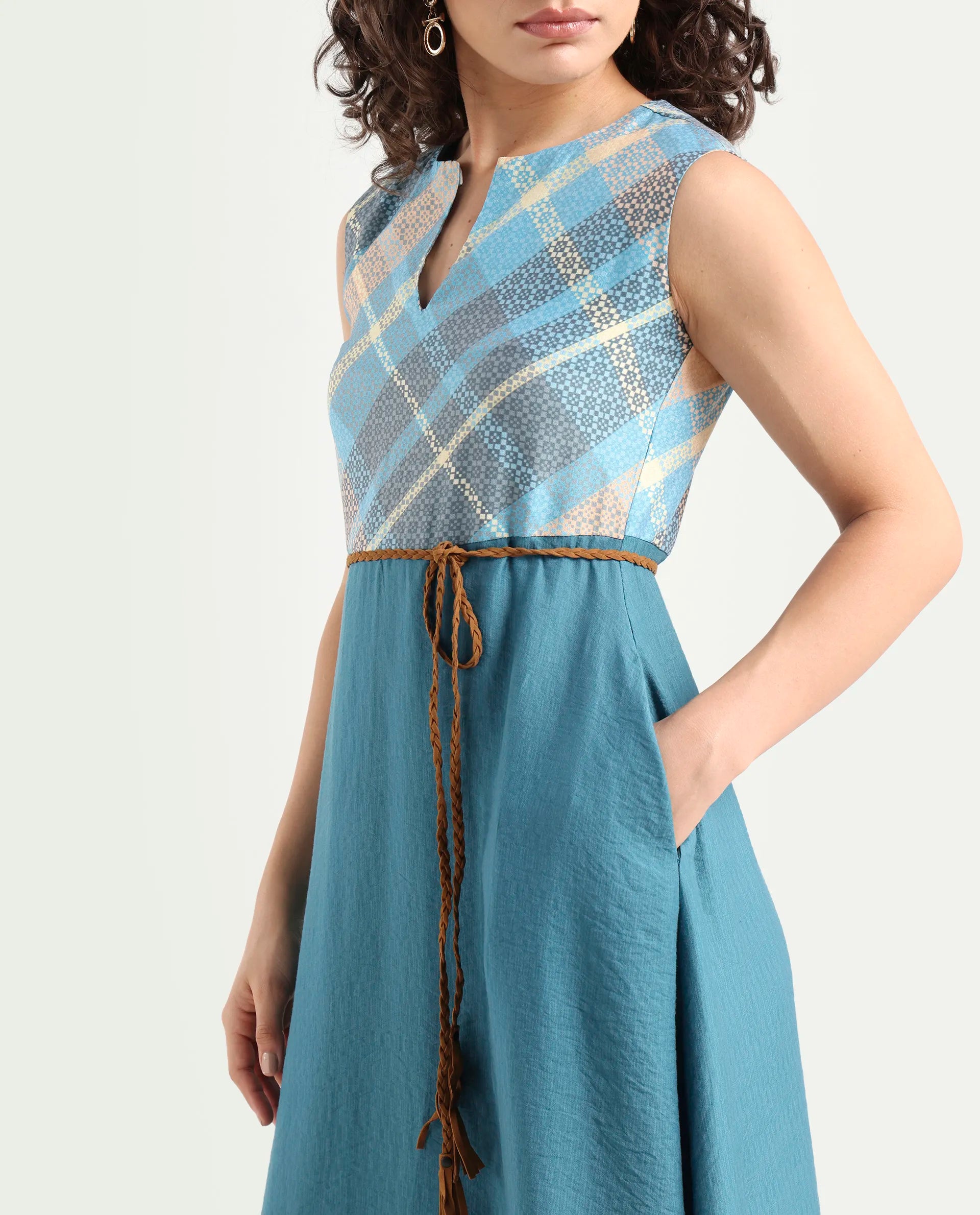 Rareism Women's Riskal Blue Cotton Round Neck Flannel Print Sleeveless Maxi Fit And Flare Dress