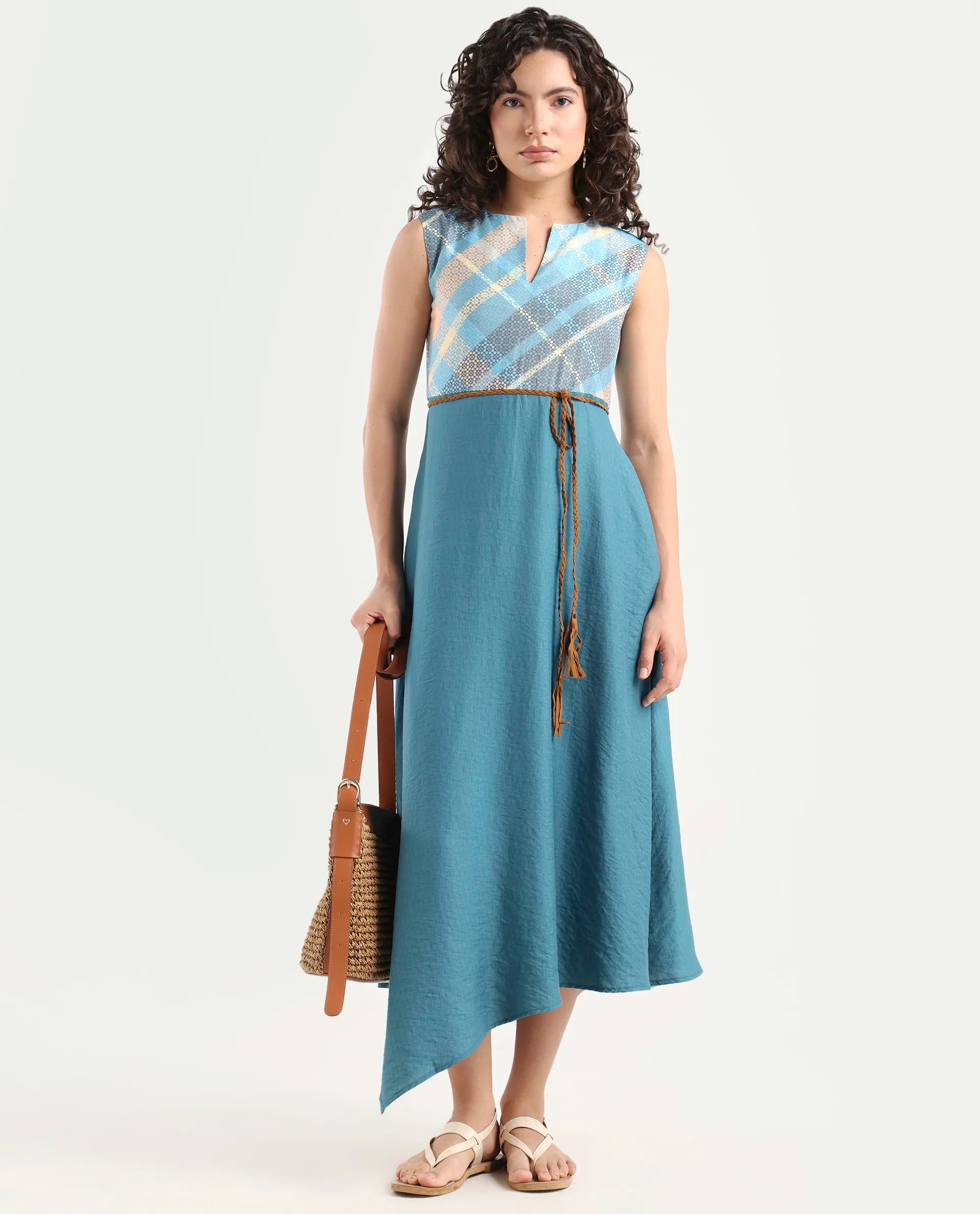 Rareism Women's Riskal Blue Cotton Round Neck Flannel Print Sleeveless Maxi Fit And Flare Dress