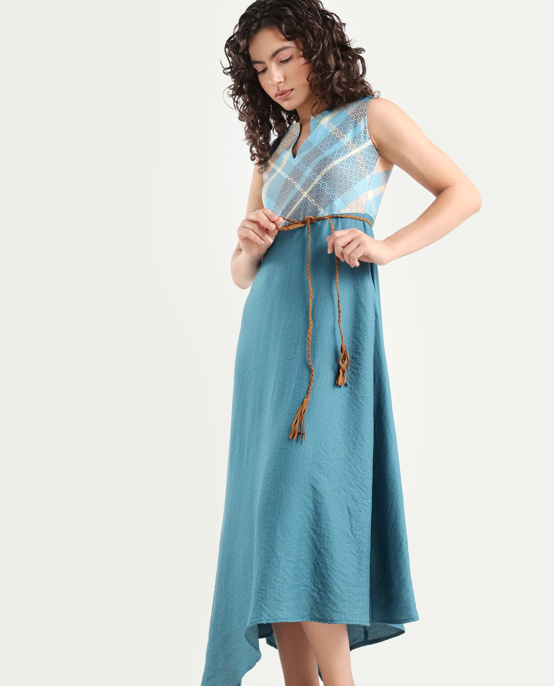 Rareism Women's Riskal Blue Cotton Round Neck Flannel Print Sleeveless Maxi Fit And Flare Dress