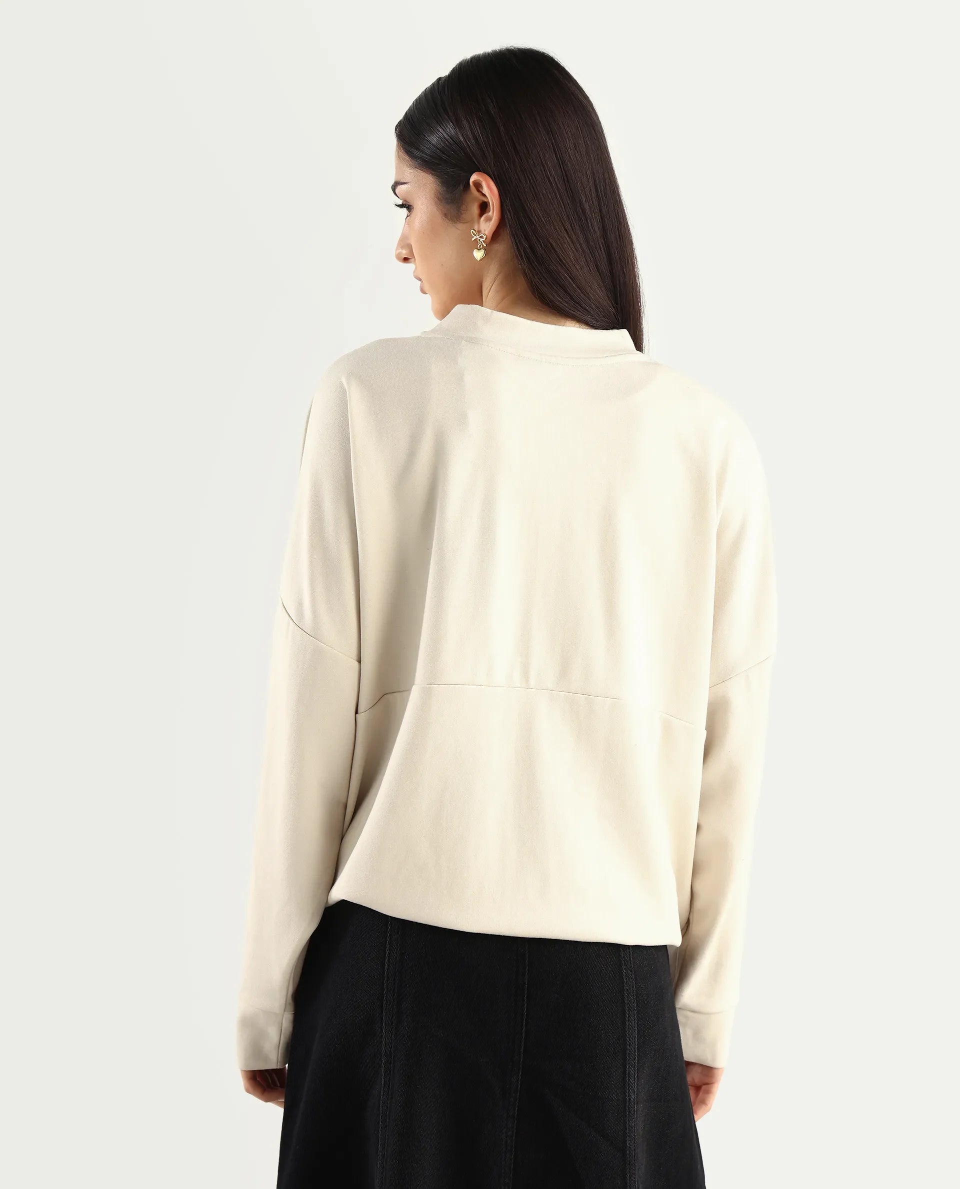 Rareism Women's Rize Off White Modal Blend Ribbed Collar Plain Relaxed Fit Sweatshirt