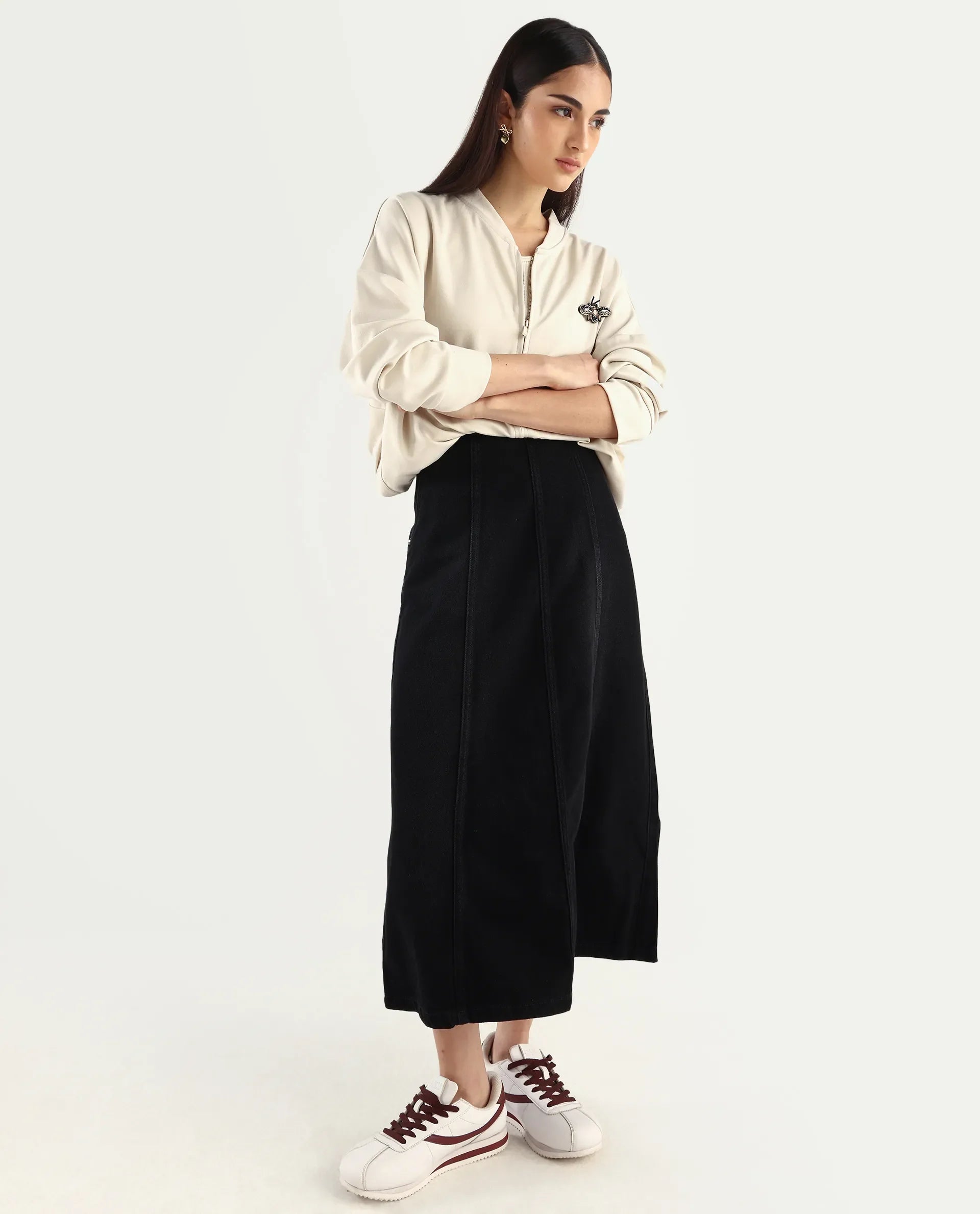 Rareism Women's Rize Off White Modal Blend Ribbed Collar Plain Relaxed Fit Sweatshirt