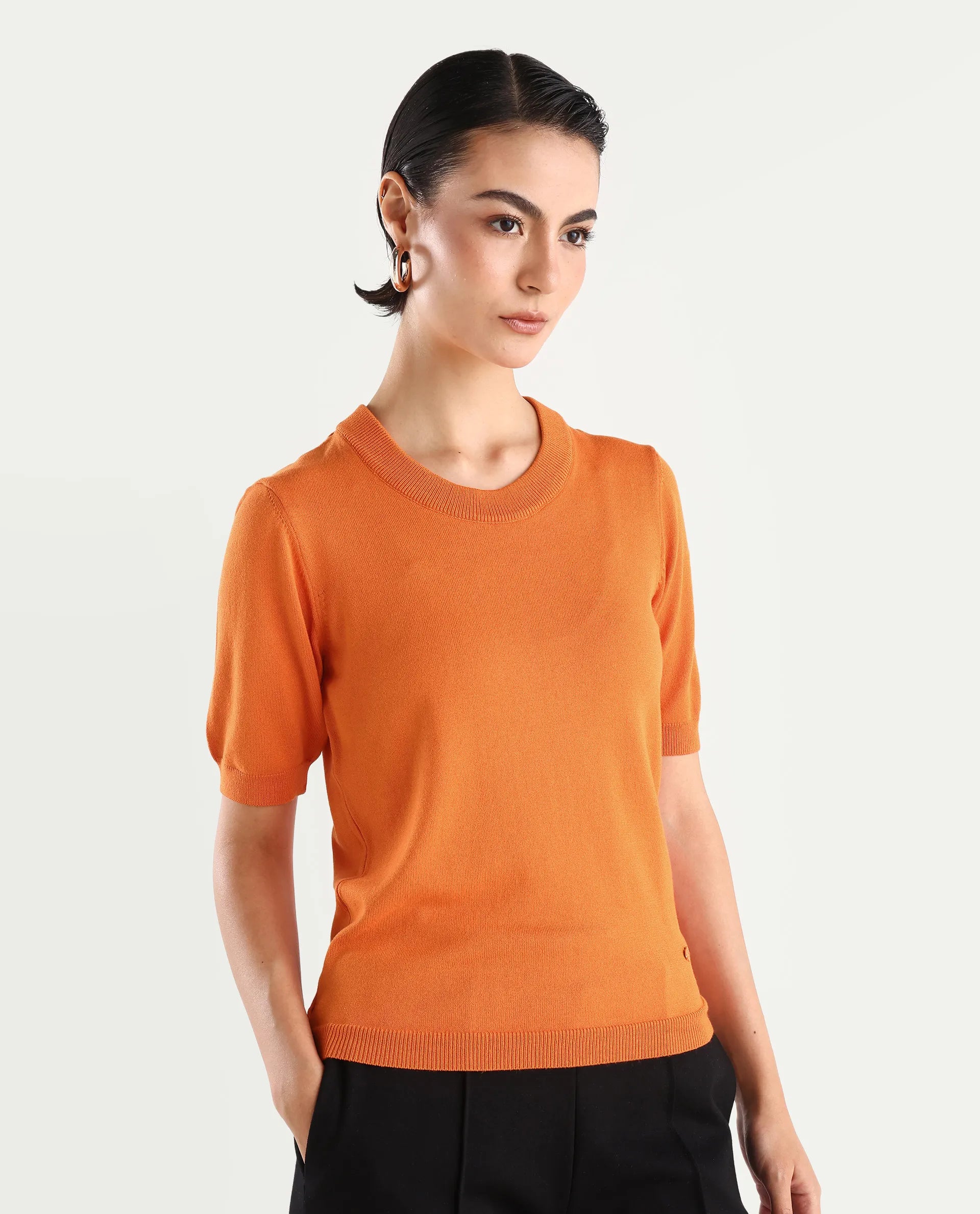 Rareism Women's Rohrdo Orange Cotton Blend Crew Neck Plain Regular Fit Sweater