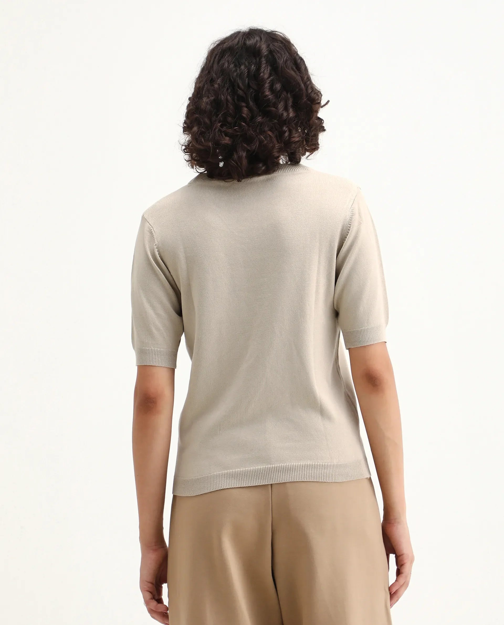 Rareism Women's Rohrdo Light Beige Viscose Blend Crew Neck Regular Fit Plain Top