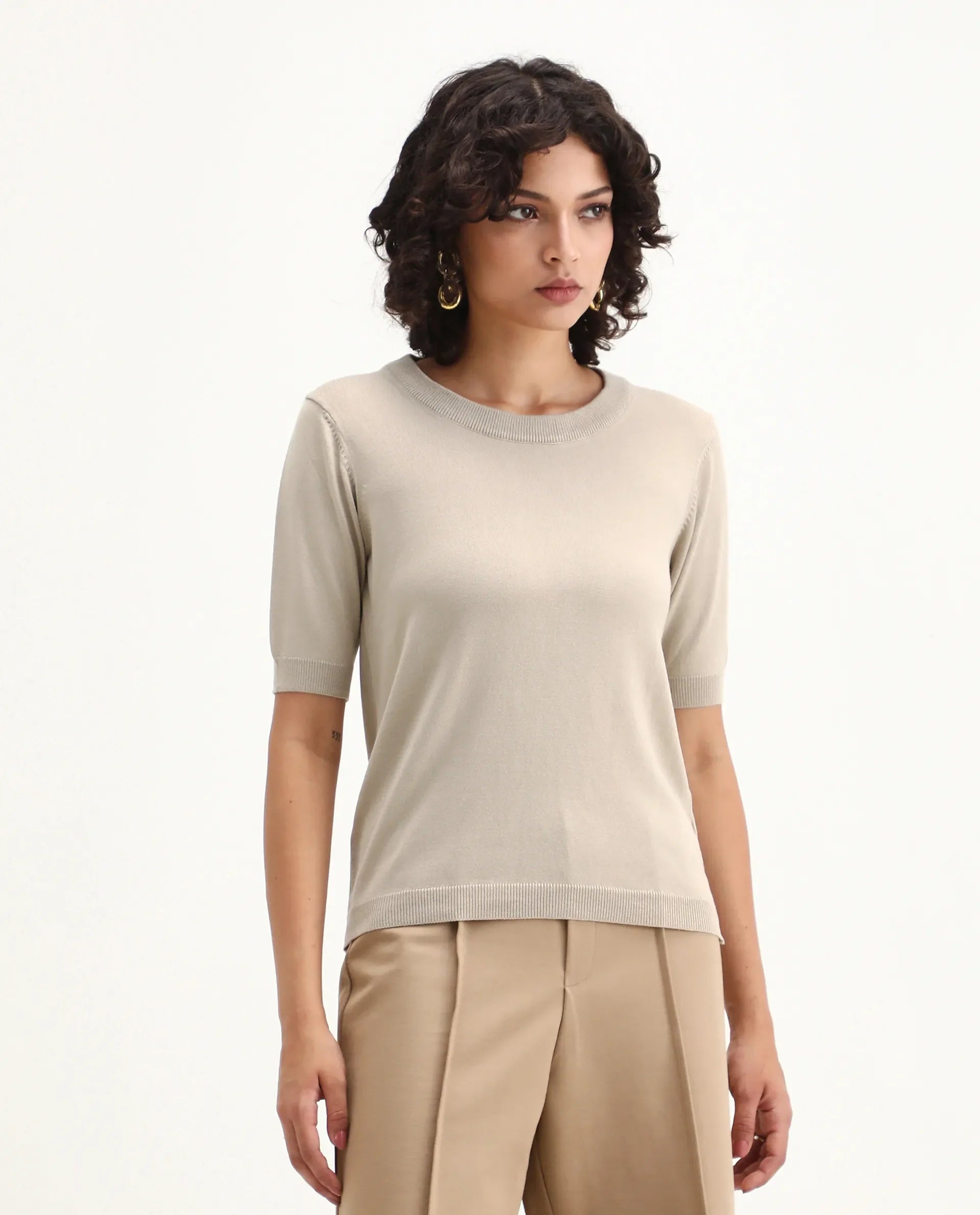 Rareism Women's Rohrdo Light Beige Viscose Blend Crew Neck Regular Fit Plain Top