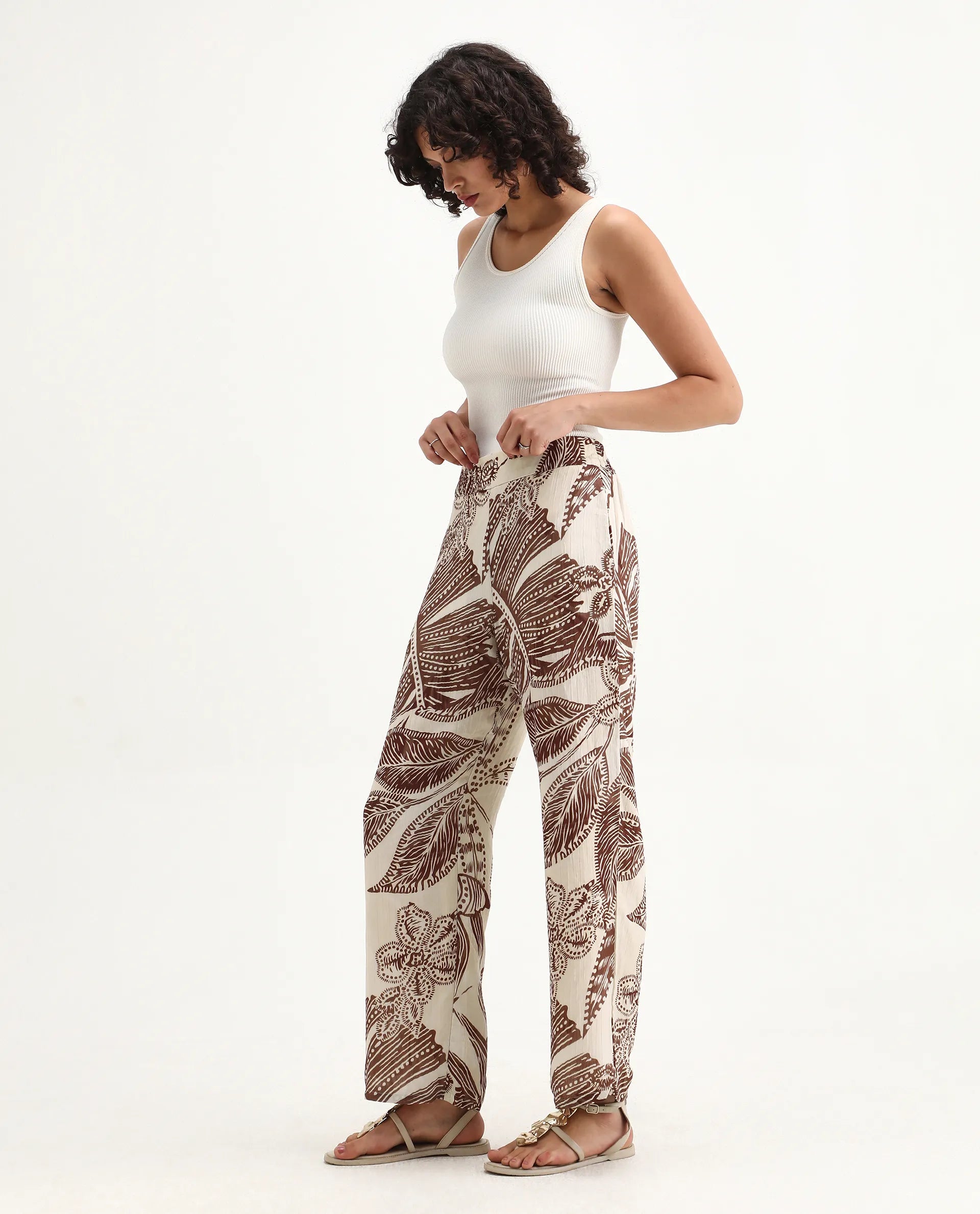 Rareism Women's Ron B Dark Beige Polyester Floral Print Ankle Length Straight Fit Trouser