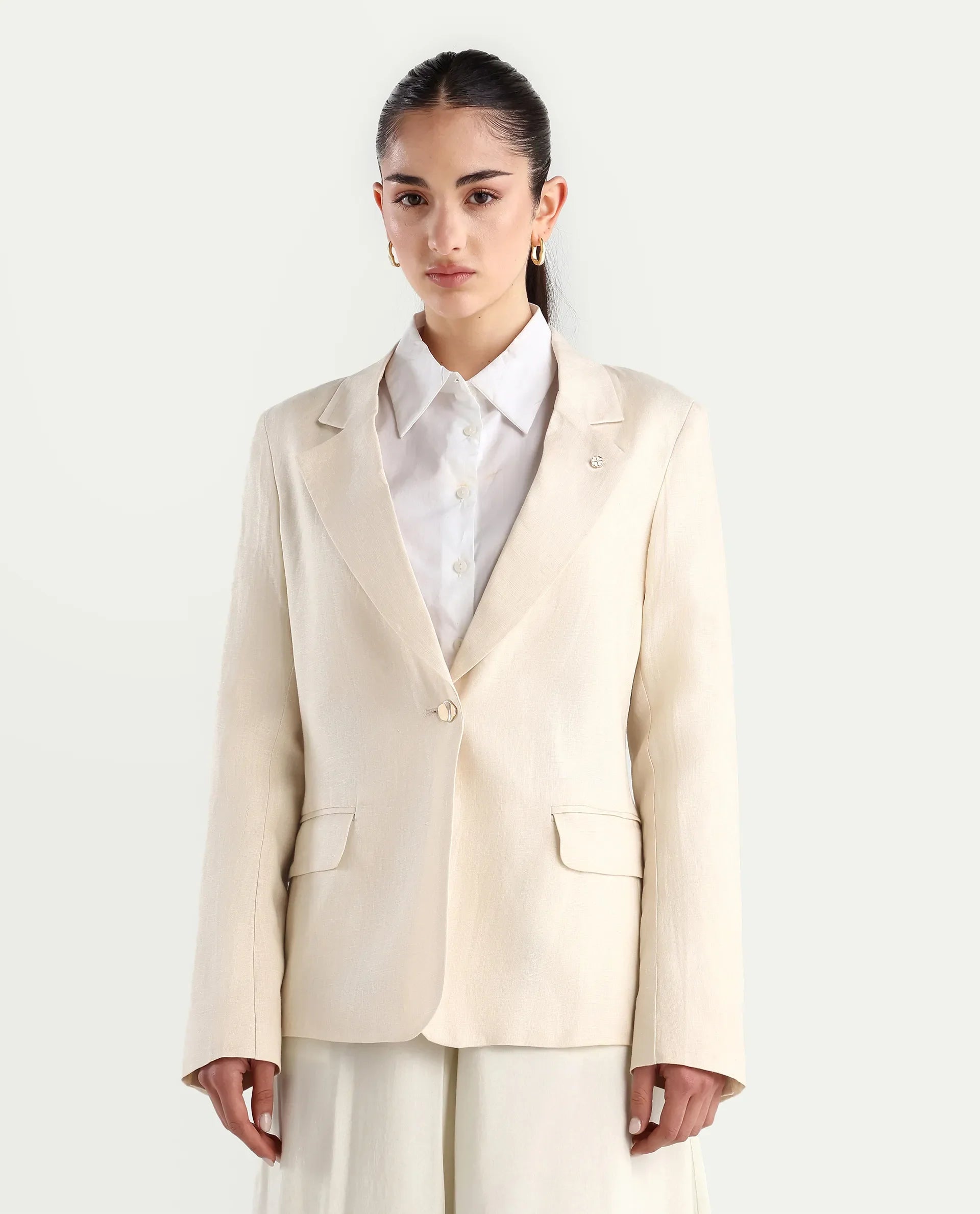Rareism Women's Ronbla T Beige Linen Lapel Neck Plain Regular Fit Blazer