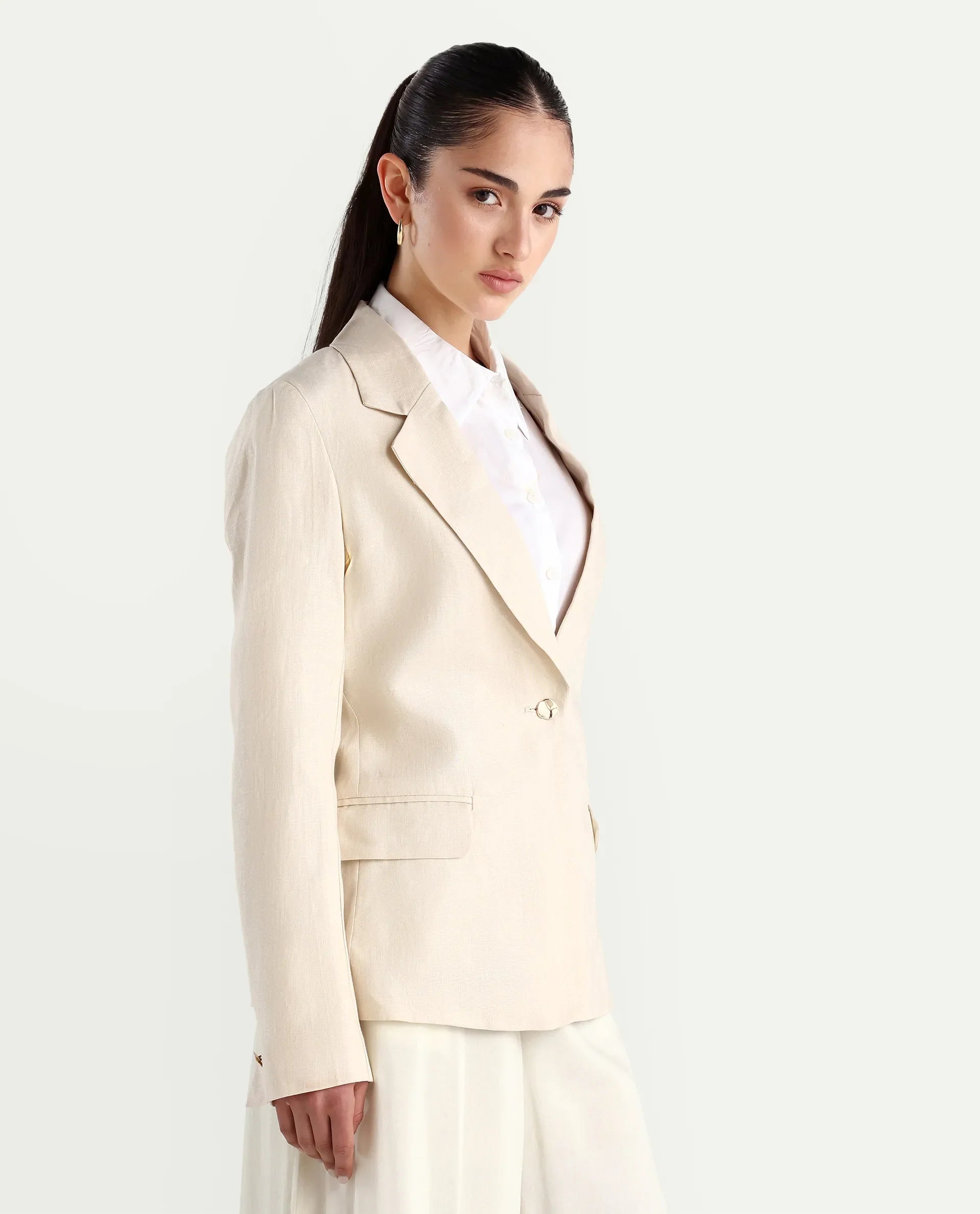 Rareism Women's Ronbla T Beige Linen Lapel Neck Plain Regular Fit Blazer