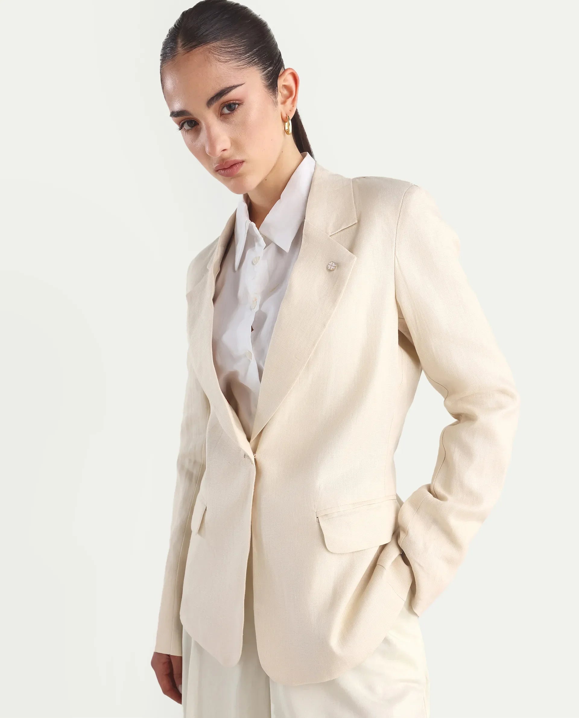Rareism Women's Ronbla T Beige Linen Lapel Neck Plain Regular Fit Blazer