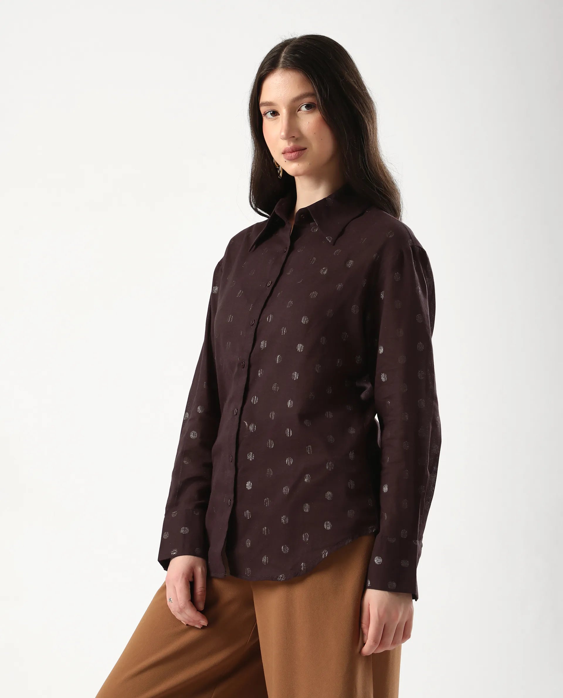 Rareism Women's Ronjaz Dusky Brown Cotton Collared Plain Cuffed Sleeve Regular Fit Shirt