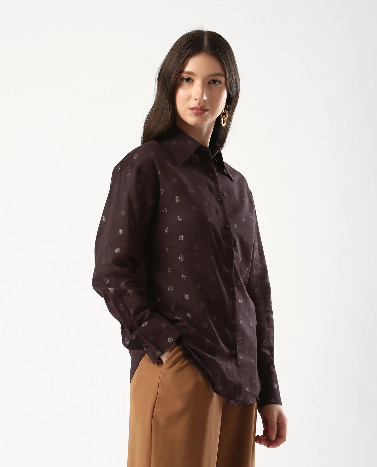 Rareism Women's Ronjaz Dusky Brown Cotton Collared Plain Cuffed Sleeve Regular Fit Shirt