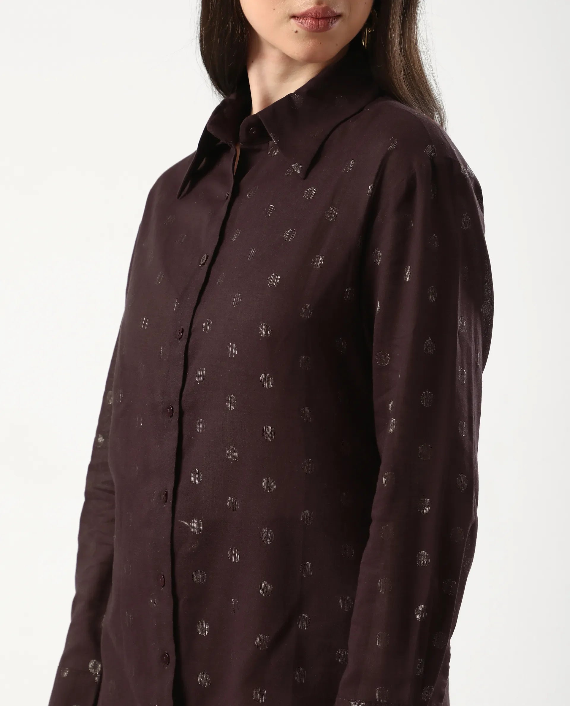 Rareism Women's Ronjaz Dusky Brown Cotton Collared Plain Cuffed Sleeve Regular Fit Shirt