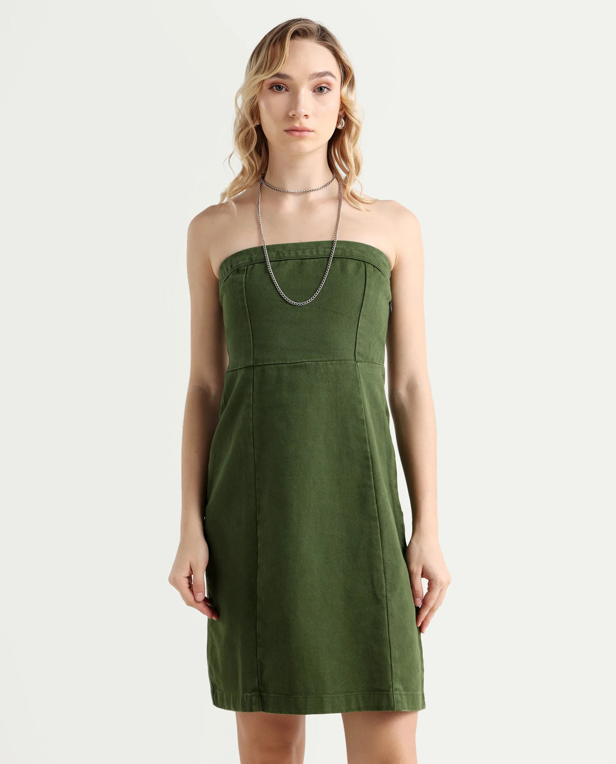 Rareism Women's Ronobia Olive Cotton Blend Tube Neck Plain Sleeveless Knee Length Bodycon Dress