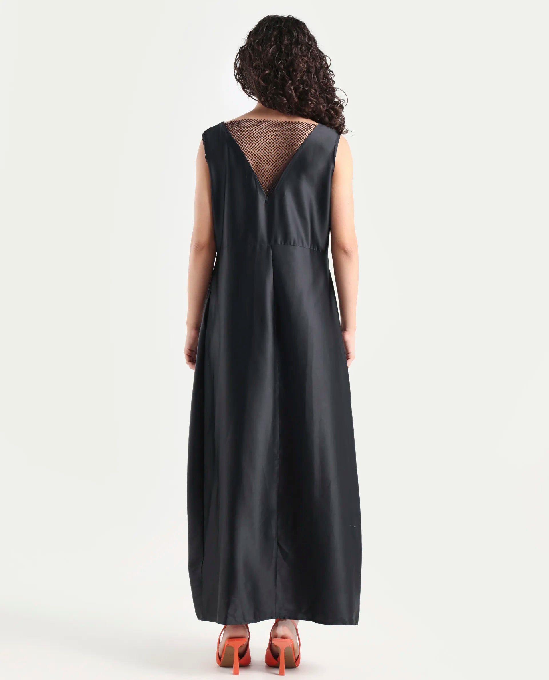 Rareism Women's Rost Black Polyester Collarless Floral Print Sleeveless Maxi Regular Fit Dress