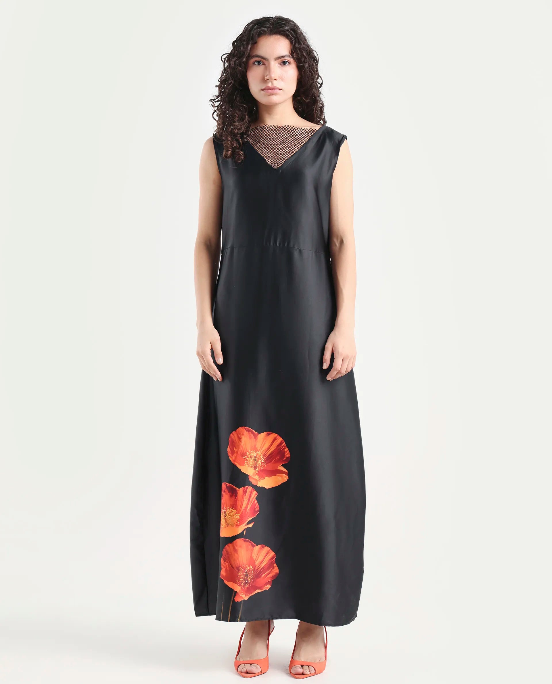 Rareism Women's Rost Black Polyester Collarless Floral Print Sleeveless Maxi Regular Fit Dress
