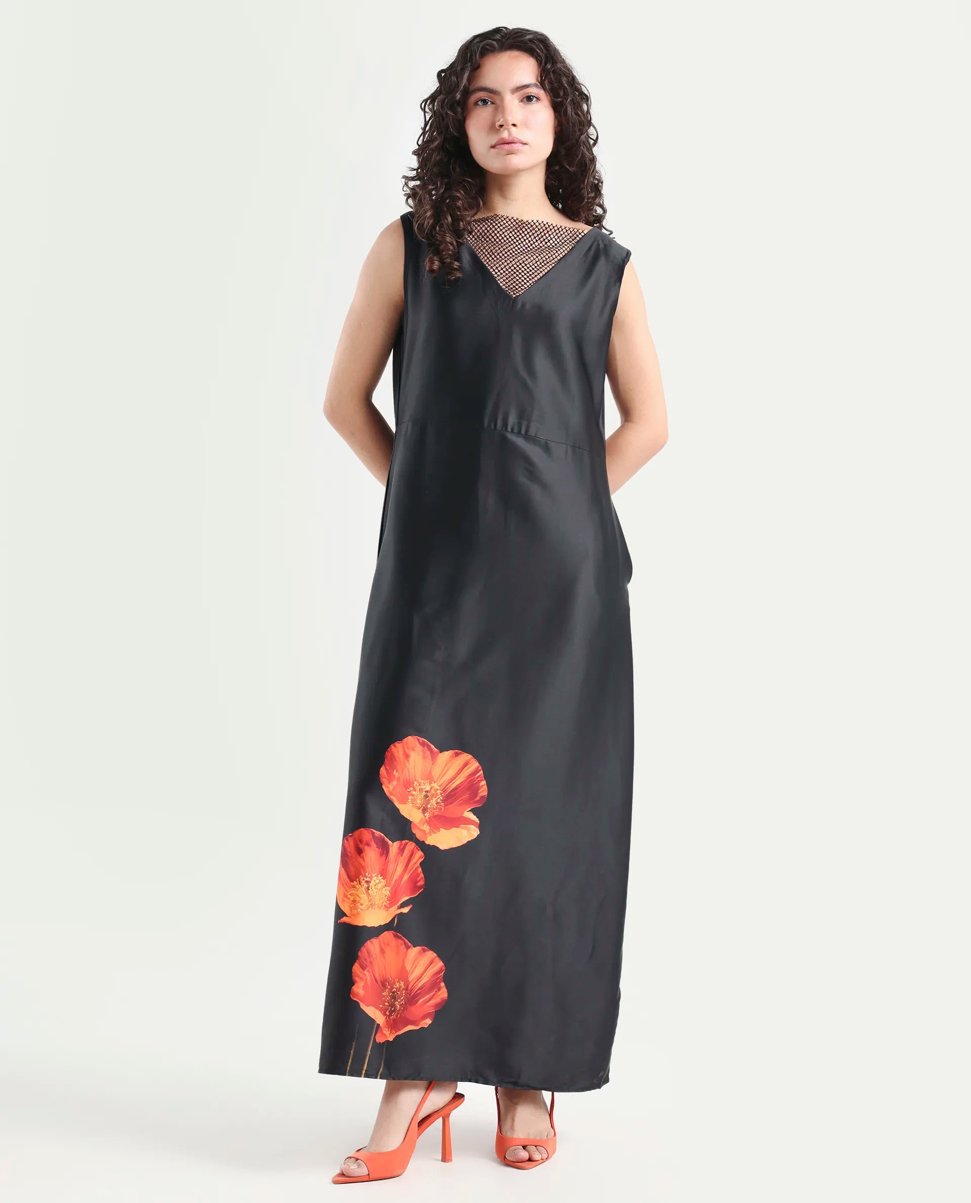Rareism Women's Rost Black Polyester Collarless Floral Print Sleeveless Maxi Regular Fit Dress